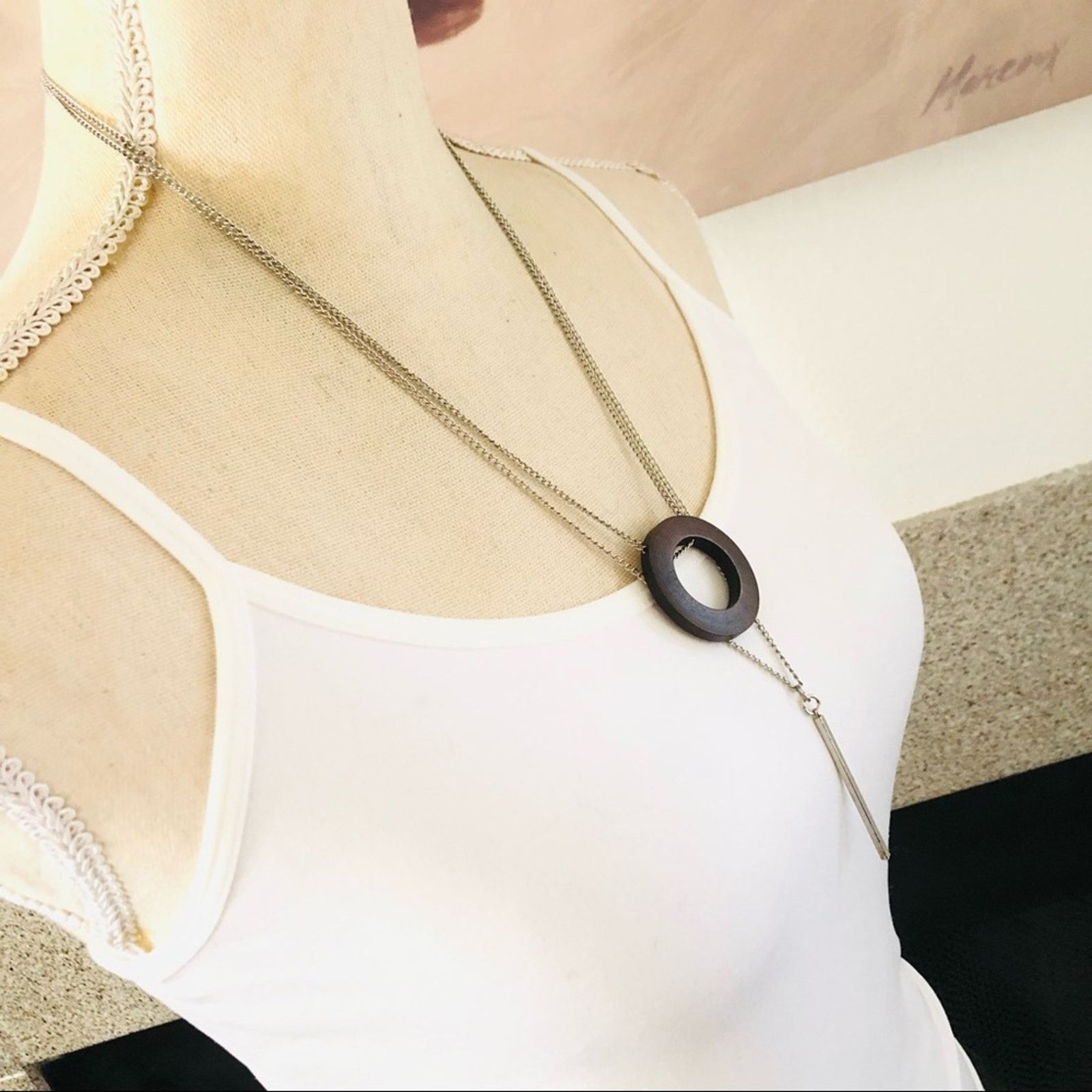 Jewelry Double strand layered silver plated bar wood disc necklace Size ONE SIZE - 2 Thumbnail