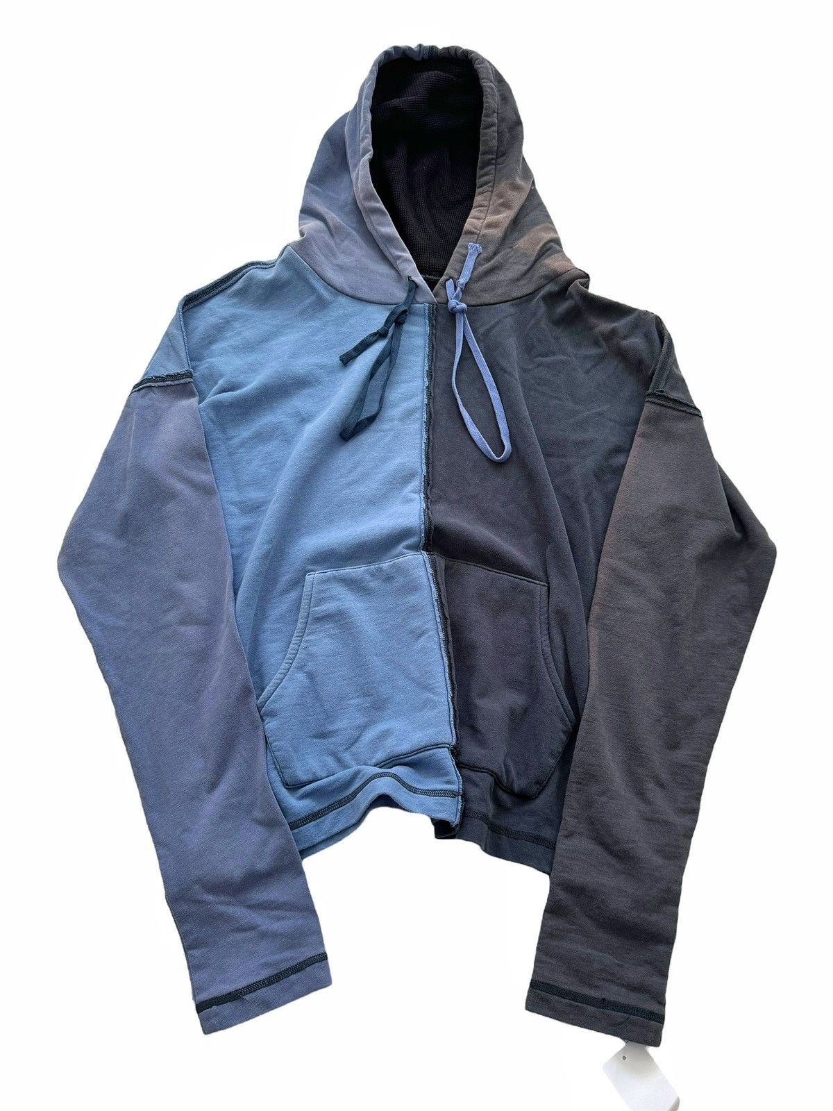 image of Greg Lauren Sz3 Sample Navy Patchwork Bleached Hoodie, Men's (Size Medium)