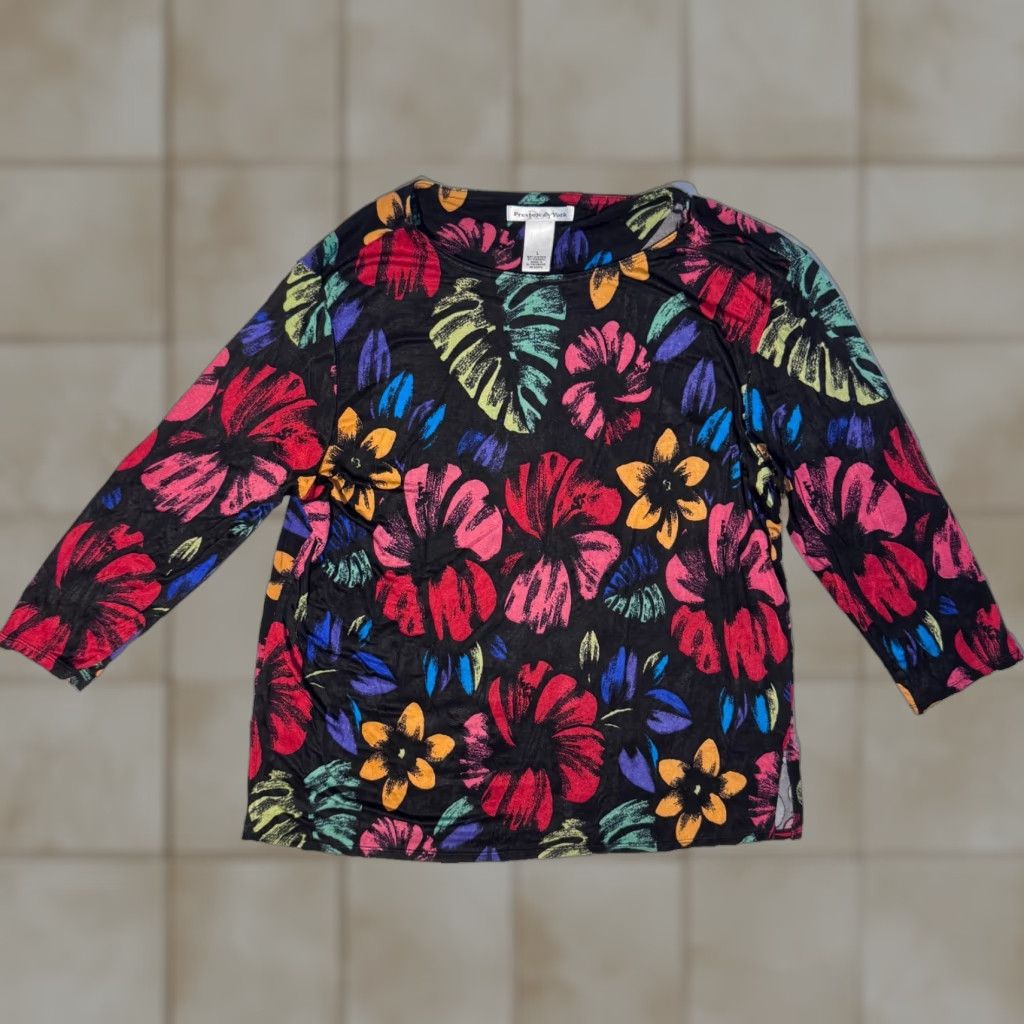 Preston & York Preston & York T-Shirt - Black Colorful Floral Print Top, L, Crew Neck, 3/4 Sleeve, Jersey, Logo, Casual, Regular Fit, Women Size L / US 10 / IT 46 - 1 Thumbnail