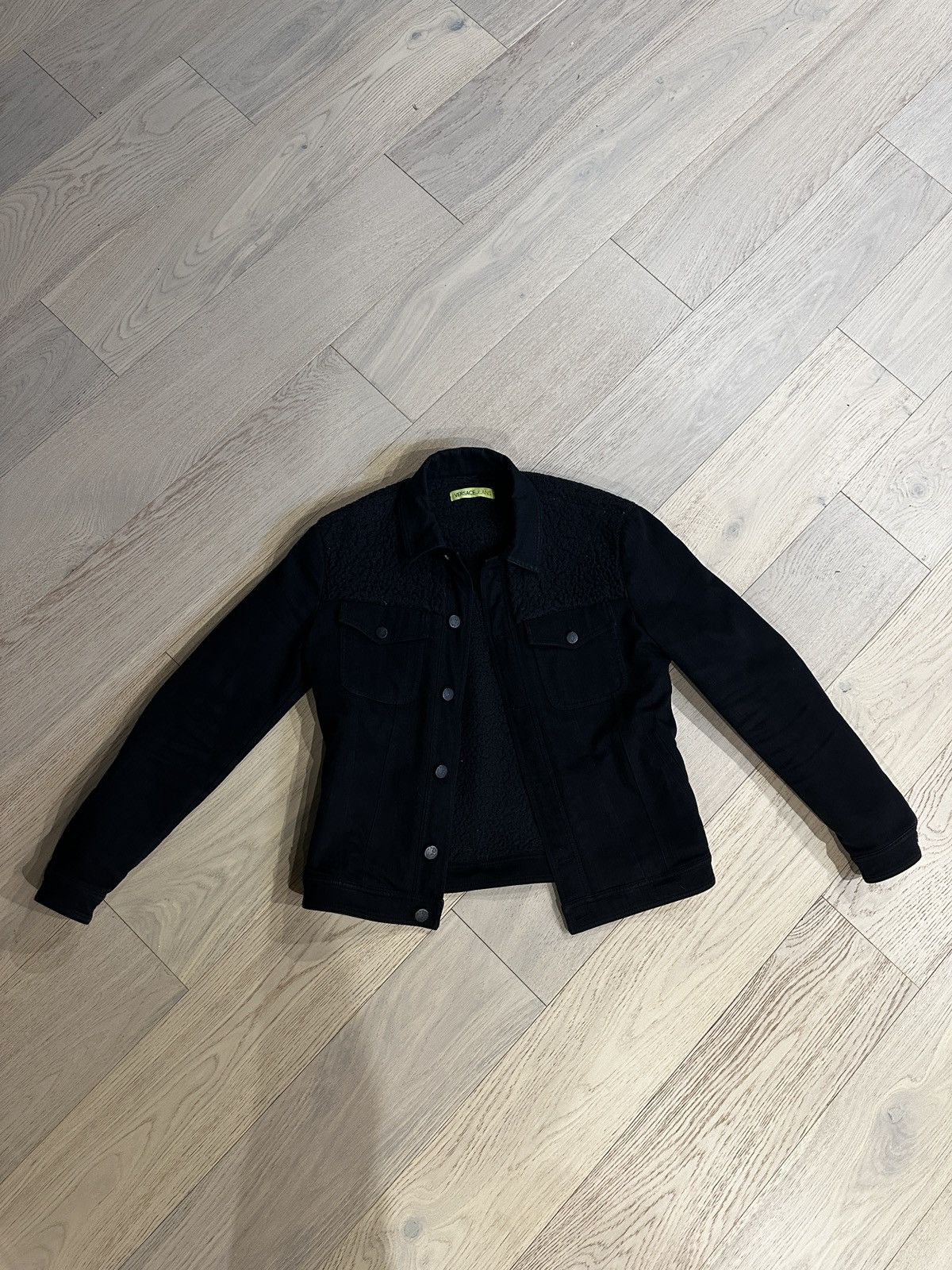 image of Versace Sherpa Denim Jacket in Black, Men's (Size Medium)