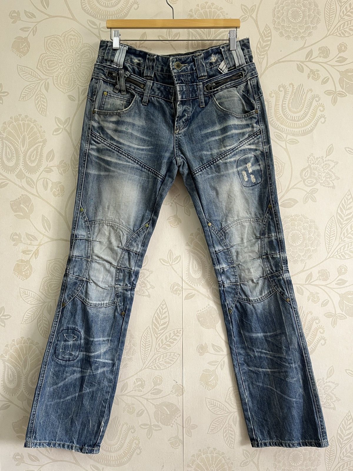Japanese Brand Distressed Double Knee Japan Denim Double Waist Size US 33 - 1 Thumbnail