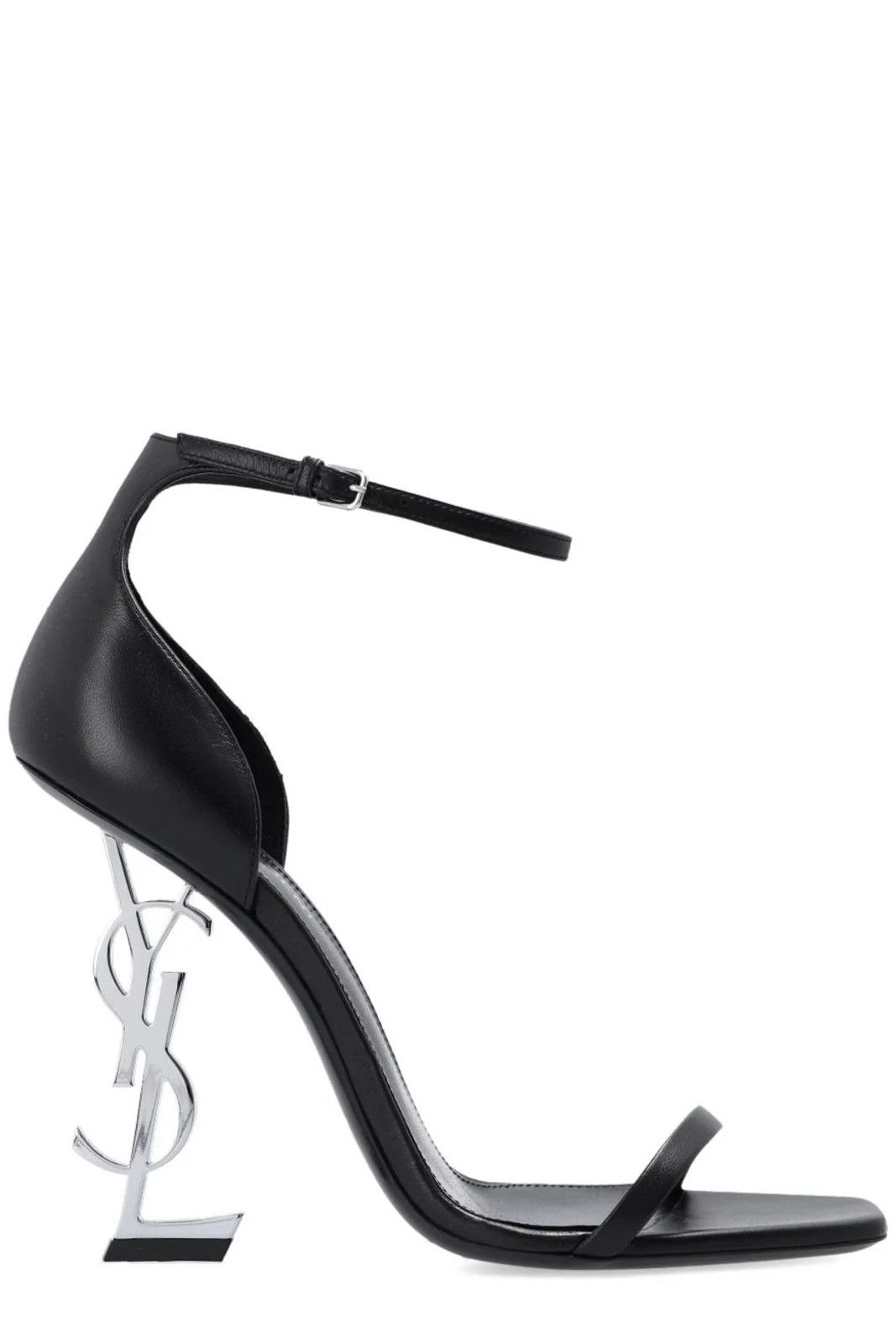 image of Saint Laurent Paris YSL Opyum Leather Logo Sandals With Silver Heel Shoes 110 Mm in Black, Women's