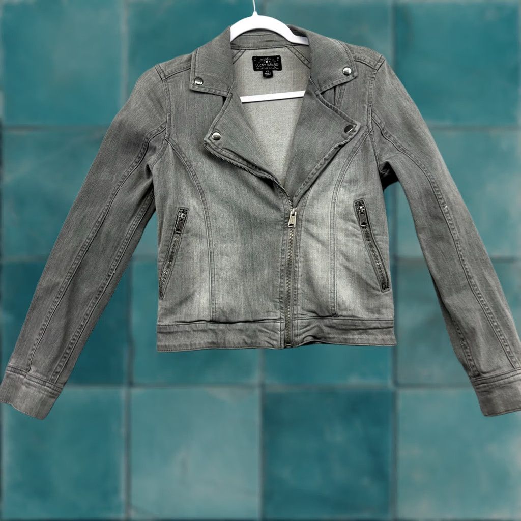 Lucky Brand Lucky Brand Gray Denim Moto Jacket Women XS Asymmetrical Zip Biker Jacket Size XS / US 0-2 / IT 36-38 - 1 Thumbnail