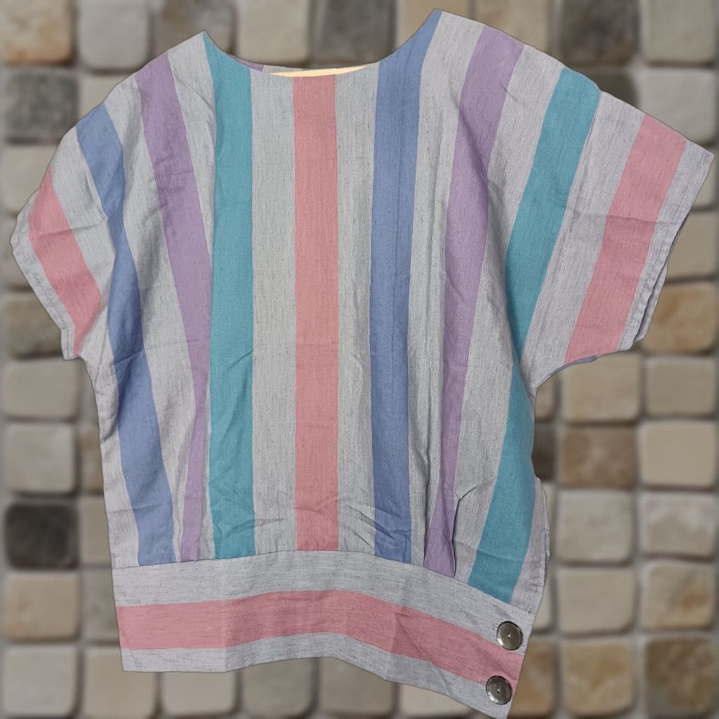 Pinko VINTAGE Blouse Women 14 Gray Pink Blue Stripe Wide Waistband Dolman Shirt Size XL / US 12-14 / IT 48-50 - 1 Thumbnail