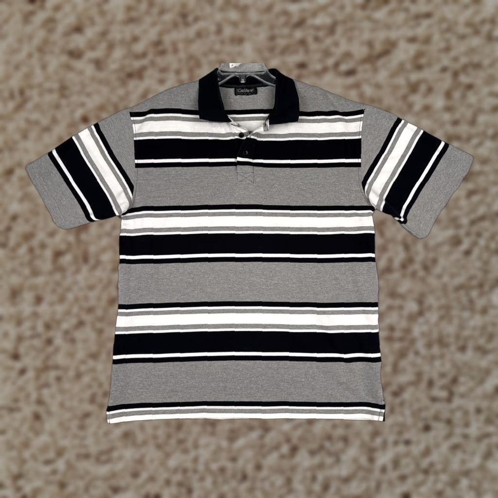 Vintage VINTAGE Culture Polo Shirt Mens L Gray Black White Striped Knit Short Sleeve Size US L / EU 52-54 / 3 - 1 Thumbnail