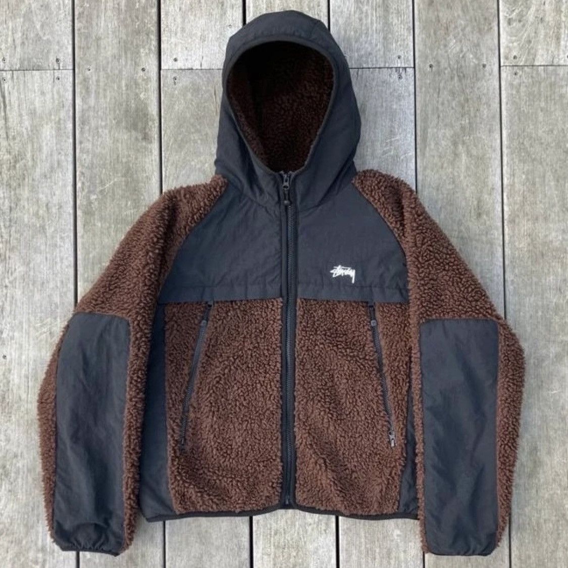 image of Stussy Stüssy Hooded Fleece Jacket in Brown, Men's (Size Small)