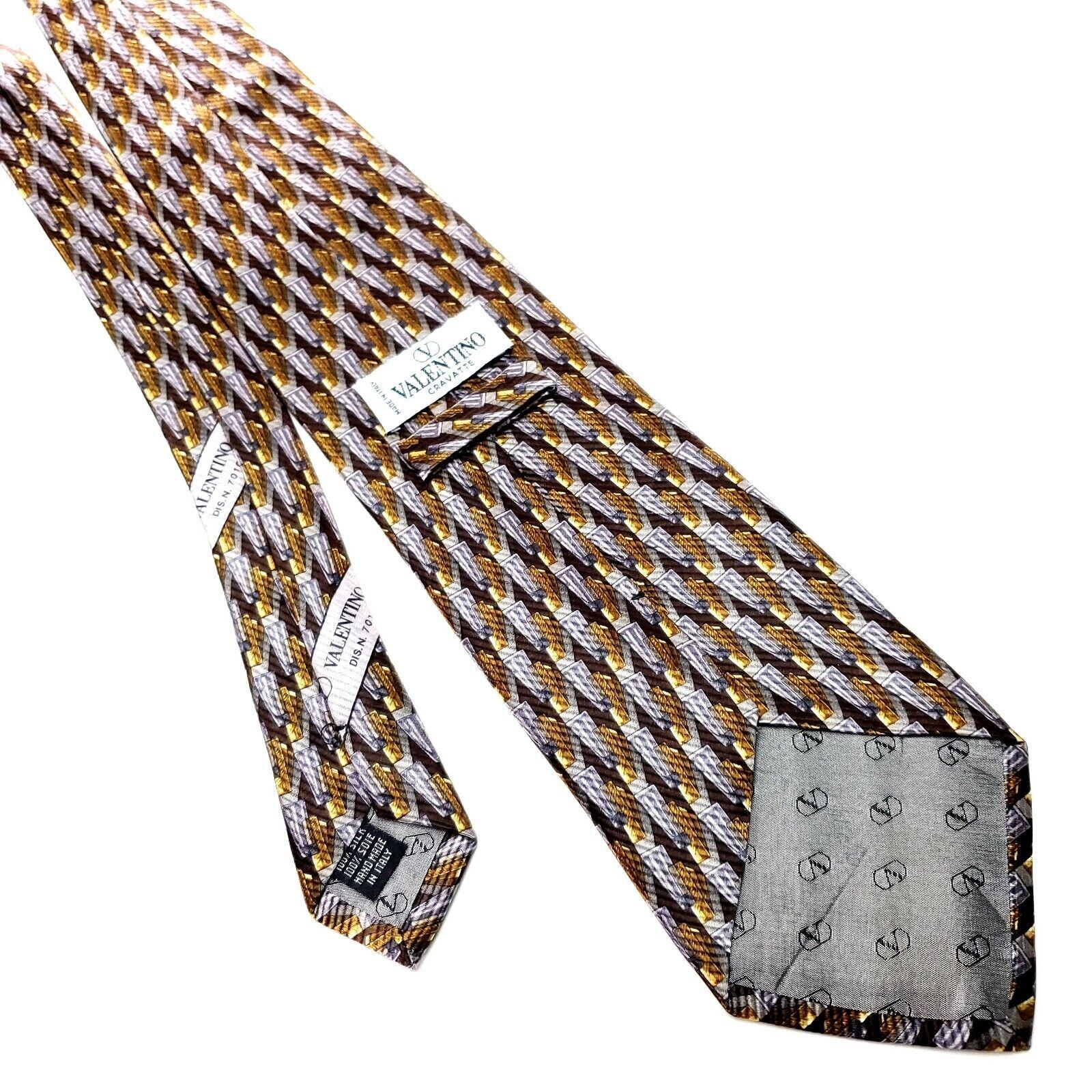 Valentino Valentino Grey & Gold Silk Tie Woven Short Wide Motif Satin Size ONE SIZE - 4 Thumbnail