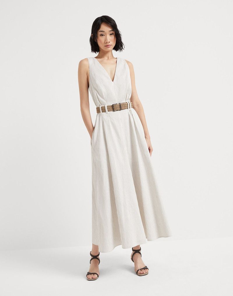 Brunello Cucinelli o1la1rc1a0326 Comfort Stripe Twill Belted Dress in Chalk Size M / US 6-8 / IT 42-44 - 1 Thumbnail