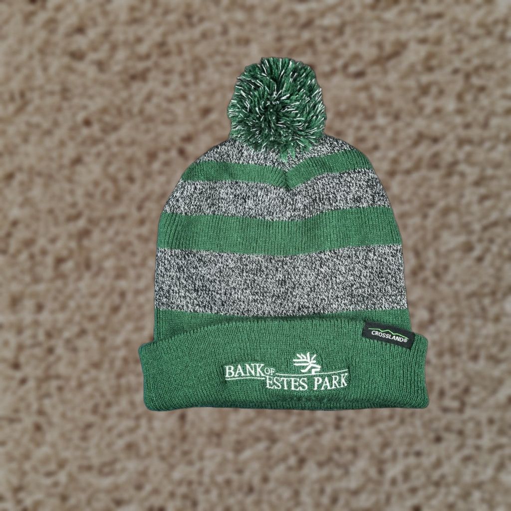 Vintage Bank Of Estes Park Beanie Toque Adult Green Gray Stripe Knit 100% Acrylic Pom Beanie Adult Green Stripe Knit 100% Acrylic Pom Crossland Hat Mens Size US M / EU 48-50 / 2 - 1 Thumbnail