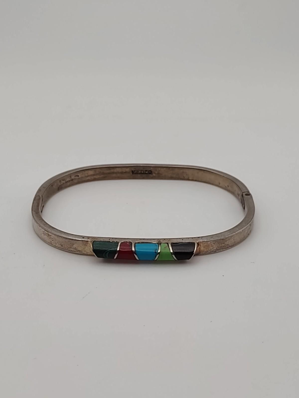 The Unbranded Brand Mexican Sterling Silver Multi Stone Inlay Hinged Bracelet Size ONE SIZE - 2 Thumbnail