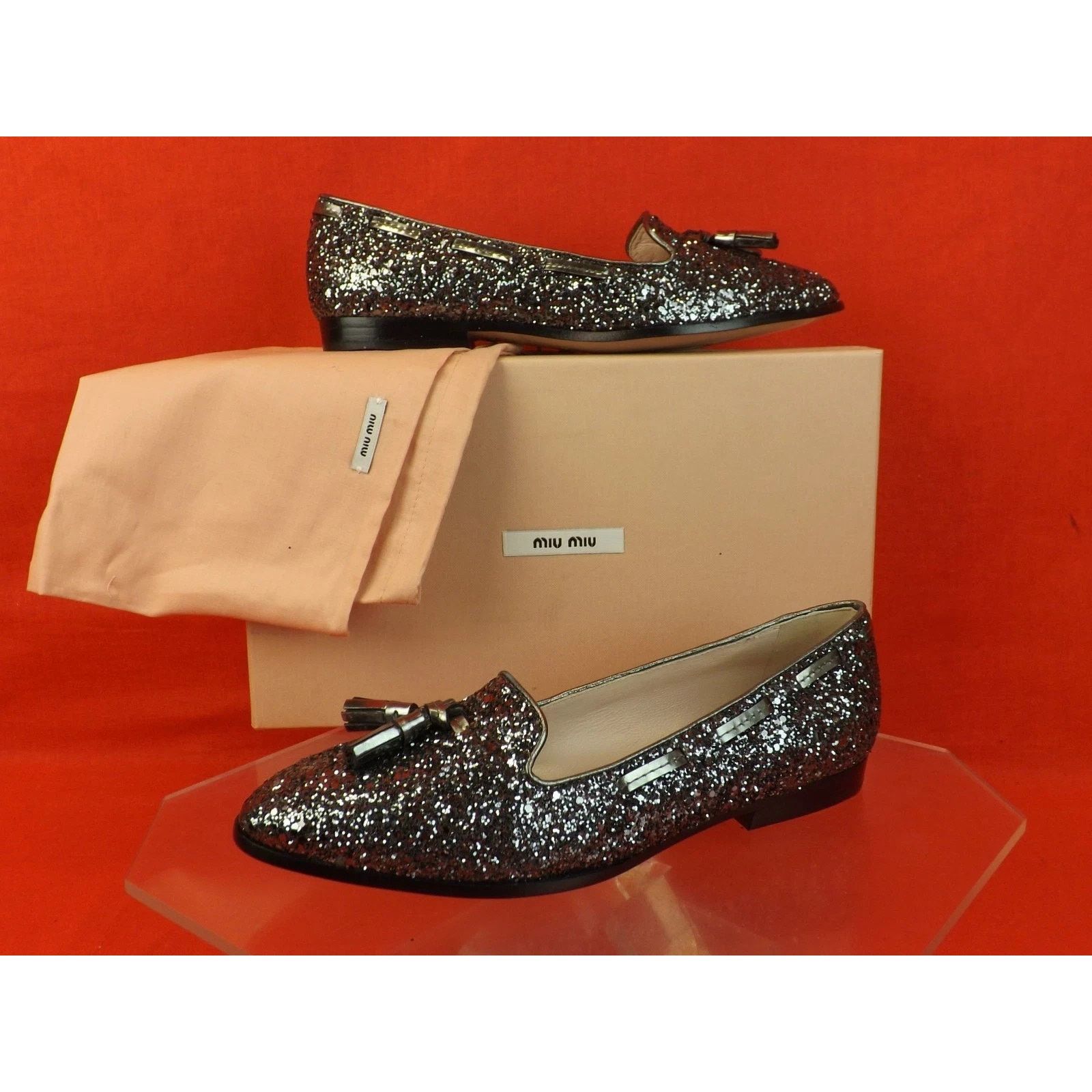 Miu Miu NIB MIU MIU PRADA 5S8518 SILVER GLITTER TASSEL FLATS 40 ITA Size US 10 / IT 40 - 1 Thumbnail