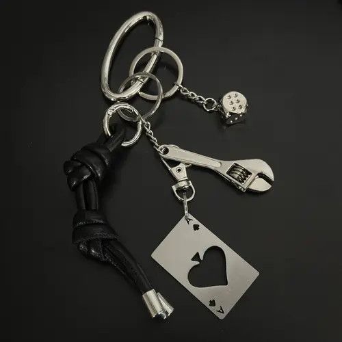 Jewelry Black Leather Knot Keychain with Metal Wrench & Dice Charms Size ONE SIZE - 2 Thumbnail