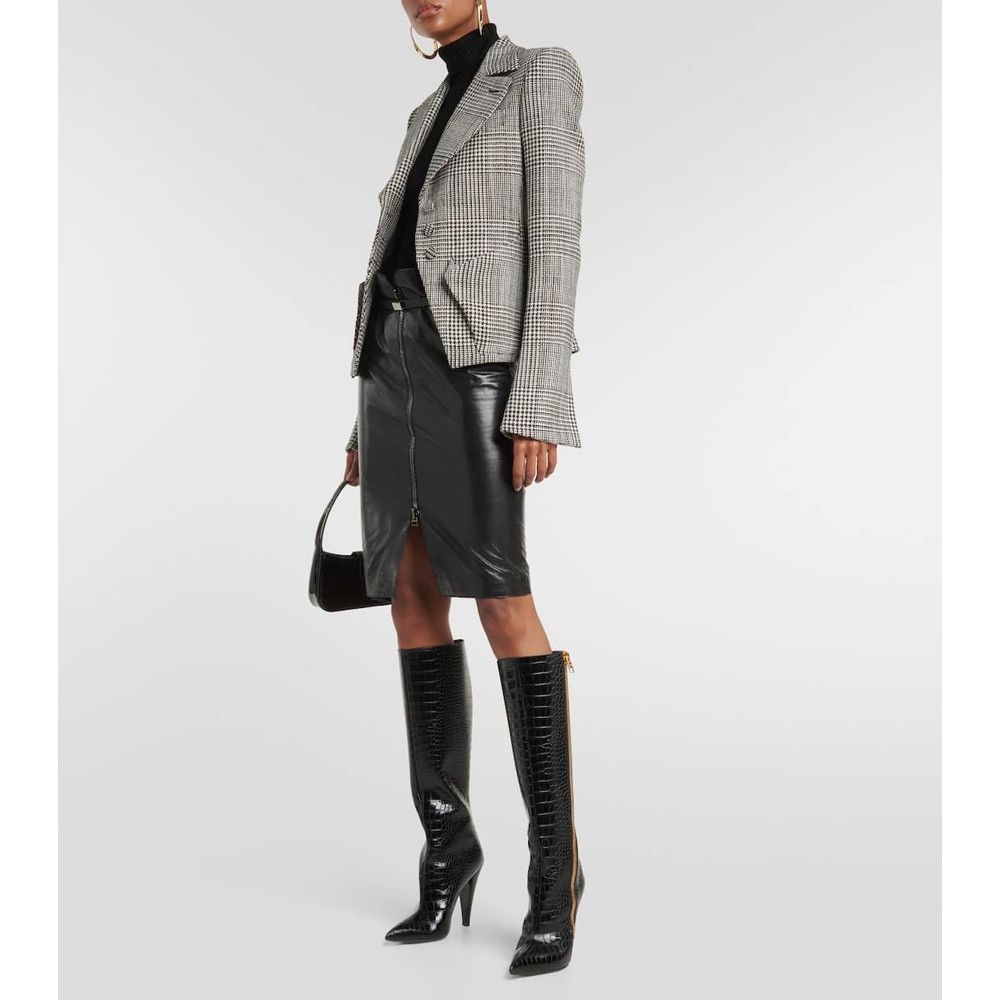 Tom Ford o1loc1c1124 W3295 Croc Effect Leather Knee-Hi Boots in Black Size US 8 / IT 38 - 2 Thumbnail