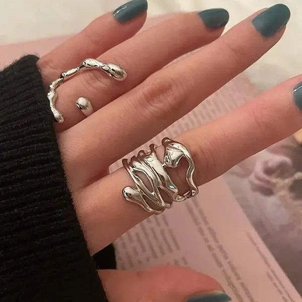 Jewelry Irregular Hollow Silver Color Wide Ring Size ONE SIZE - 3 Thumbnail