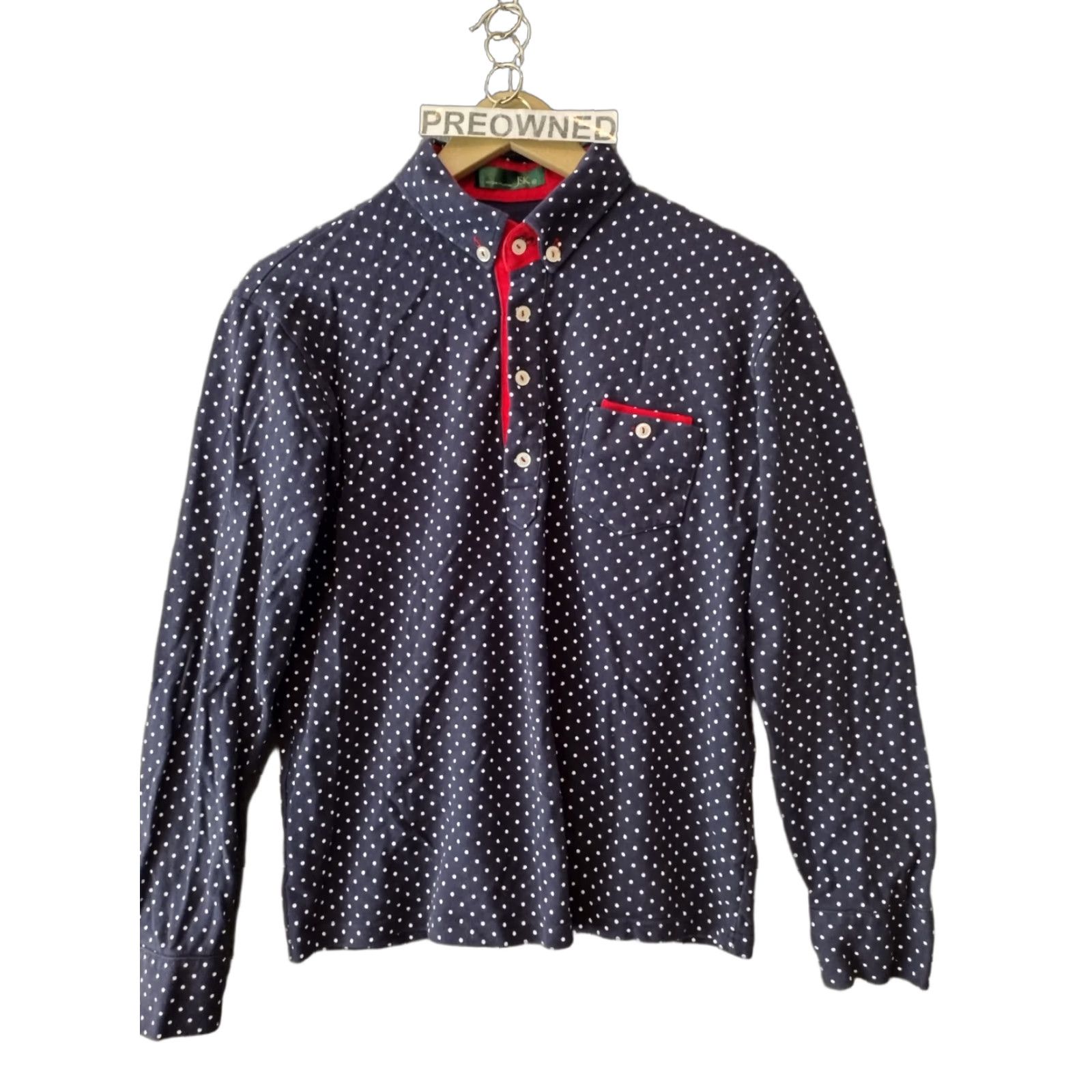 Vintage Jsk Men's XL Polo Shirt Polka Dot Blue/White Regular Fit Long Sleeve Button-Down Collar Casual Size US XL / EU 56 / 4 - 1 Thumbnail