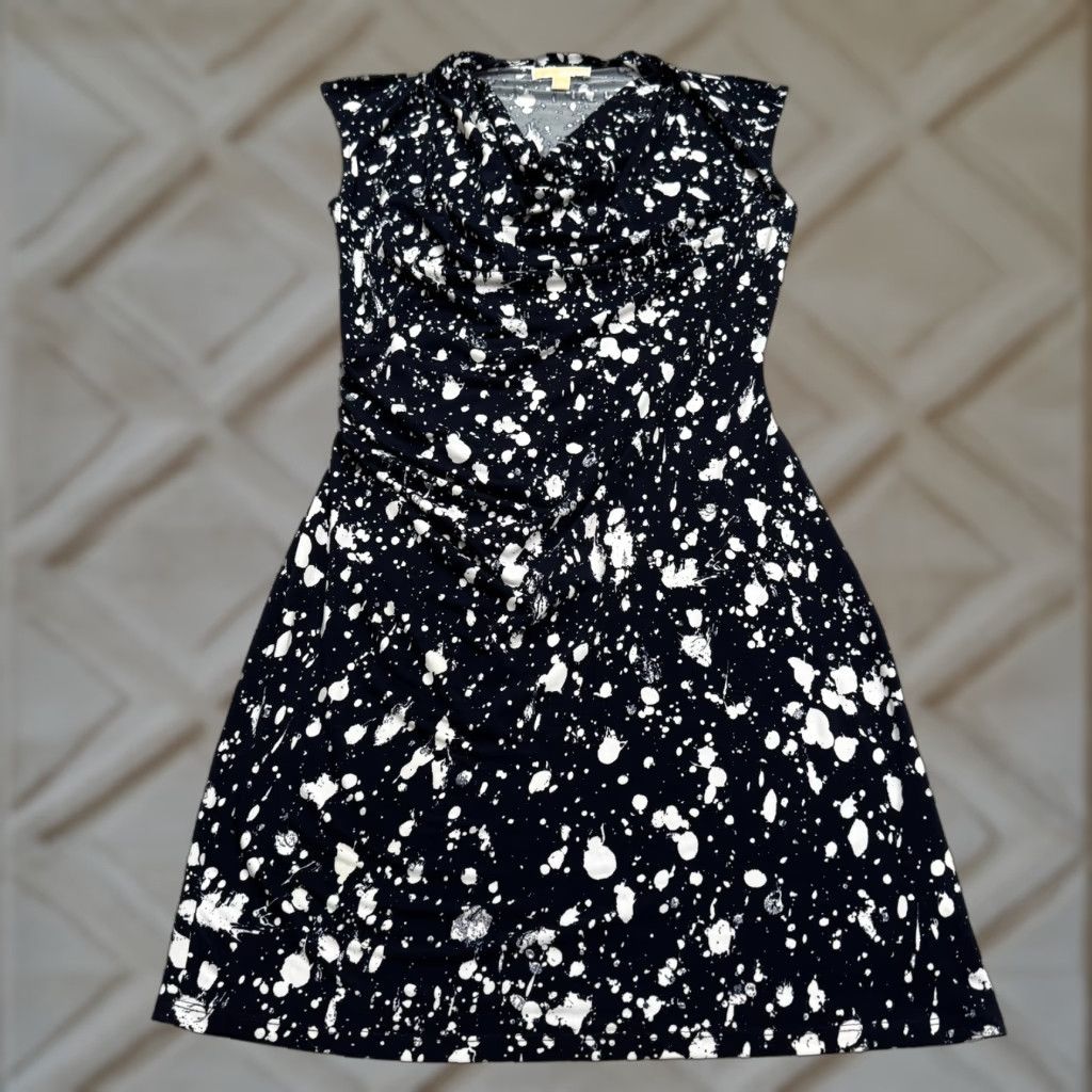 MICHAEL Michael Kors Mini Splatter Cowl Neck Navy White NWOT Medium Dress Womens