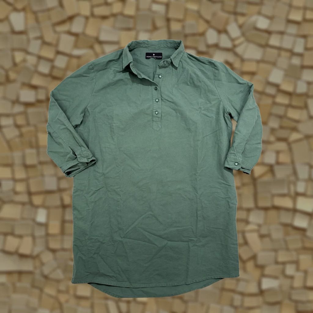 Vintage Pomander Place Shirt Dress Green M 3/4 Sleeve Button Collared Short Dress Modern Boho Preppy Women Size M / US 6-8 / IT 42-44 - 1 Thumbnail