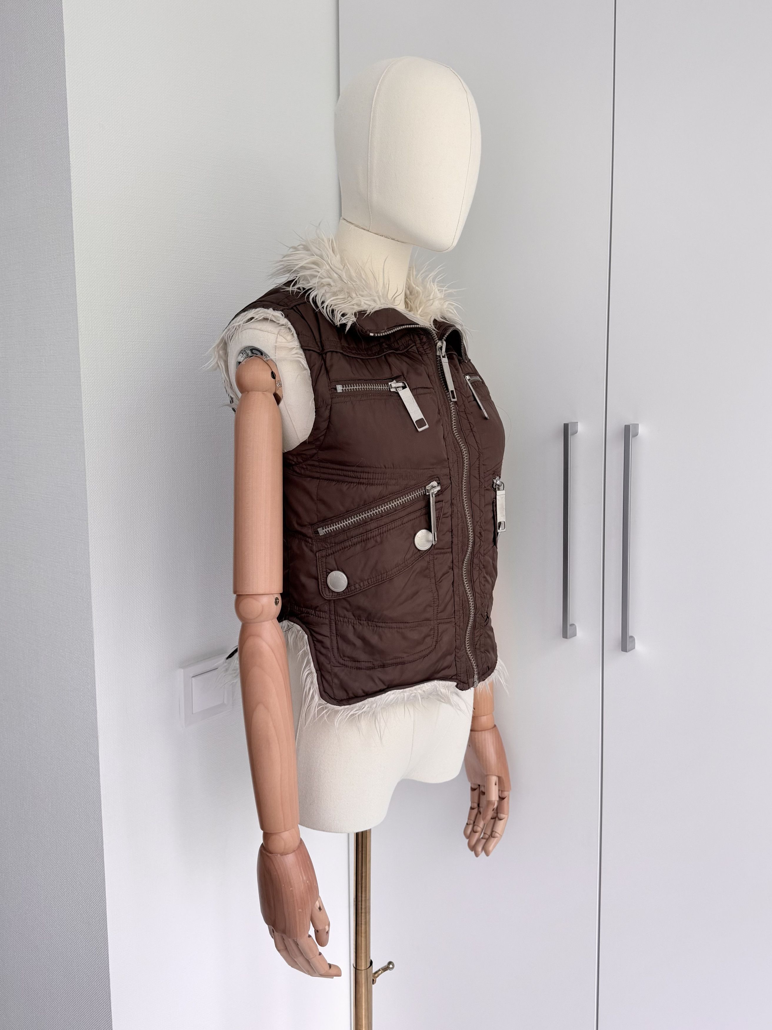 Vintage Brown Cropped Gilet Women XS Faux Fur Y2K Biker Utility Vest Size XS / US 0-2 / IT 36-38 - 2 Thumbnail