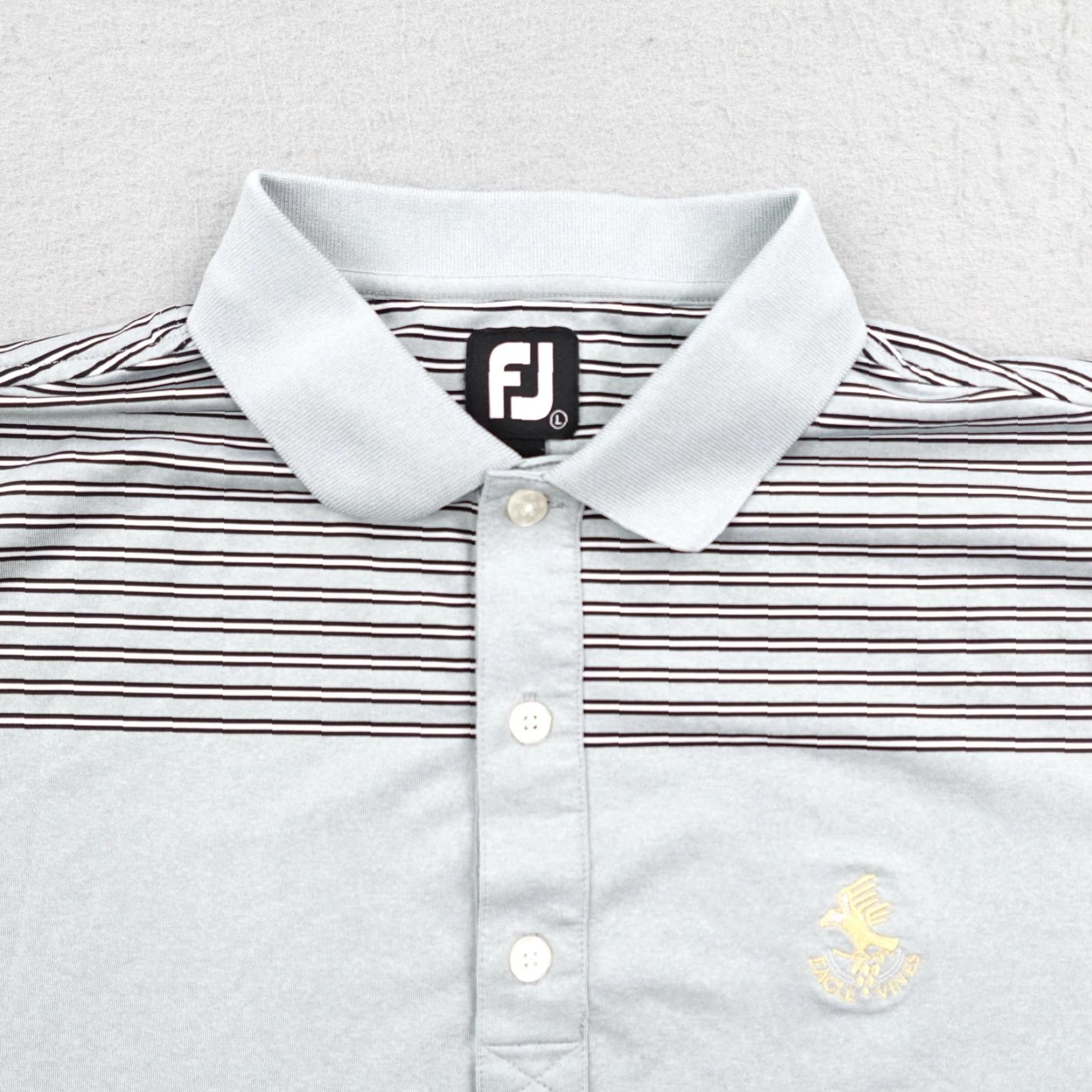 Footjoy FootJoy Polo Shirt Mens Large Gray Eagle Vines Napa Golf Stripes Performance Shirt Golf Adult L Gray Striped Breathable Lightweight Polyester Spandex Size US L / EU 52-54 / 3 - 2 Thumbnail