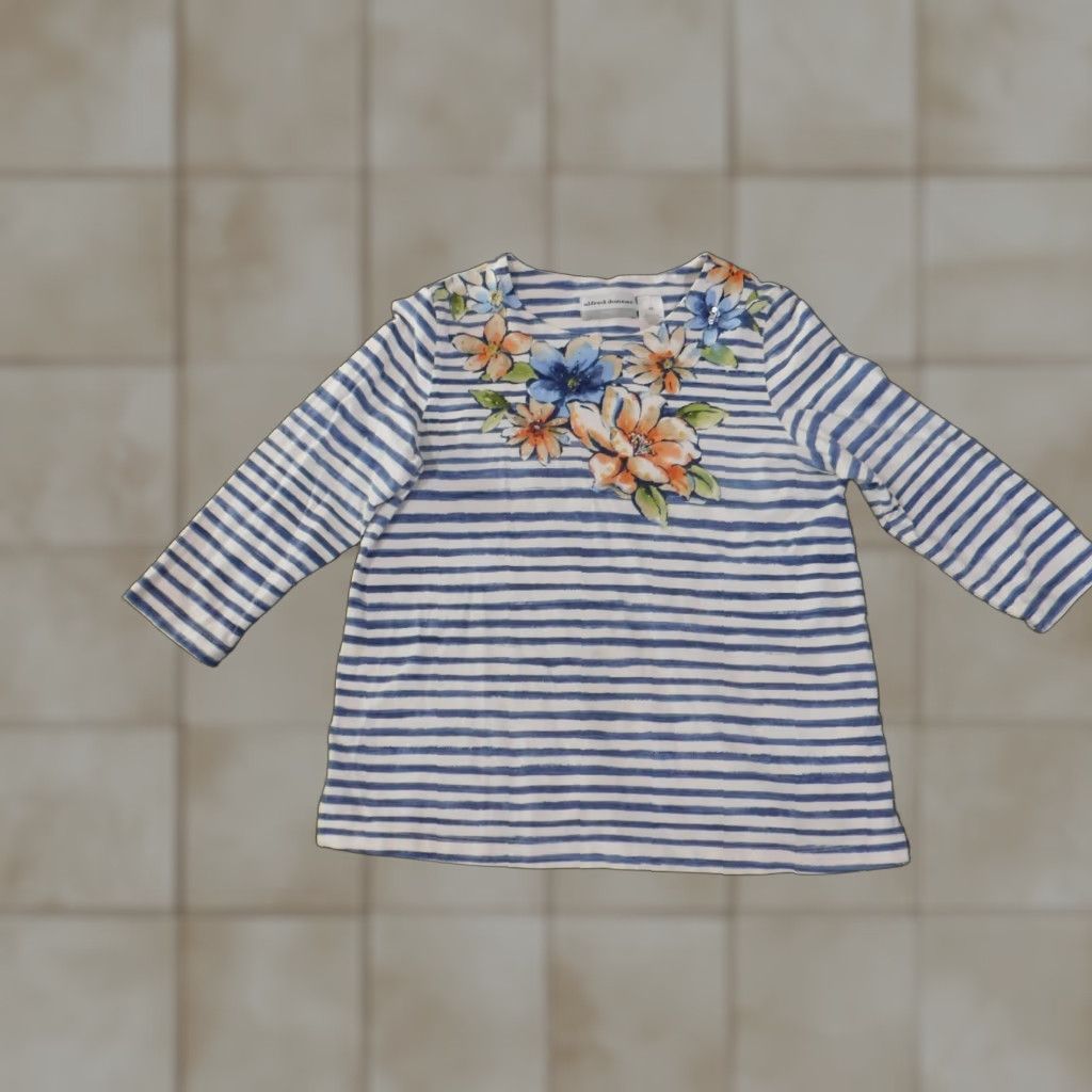 Vintage Alfred Dunner Blouse Shirt Petite PS Women Blue Stripe Knit Cotton Spandex V-Neck Long Sleeve Stretch Casual Size S / US 4 / IT 40 - 1 Thumbnail