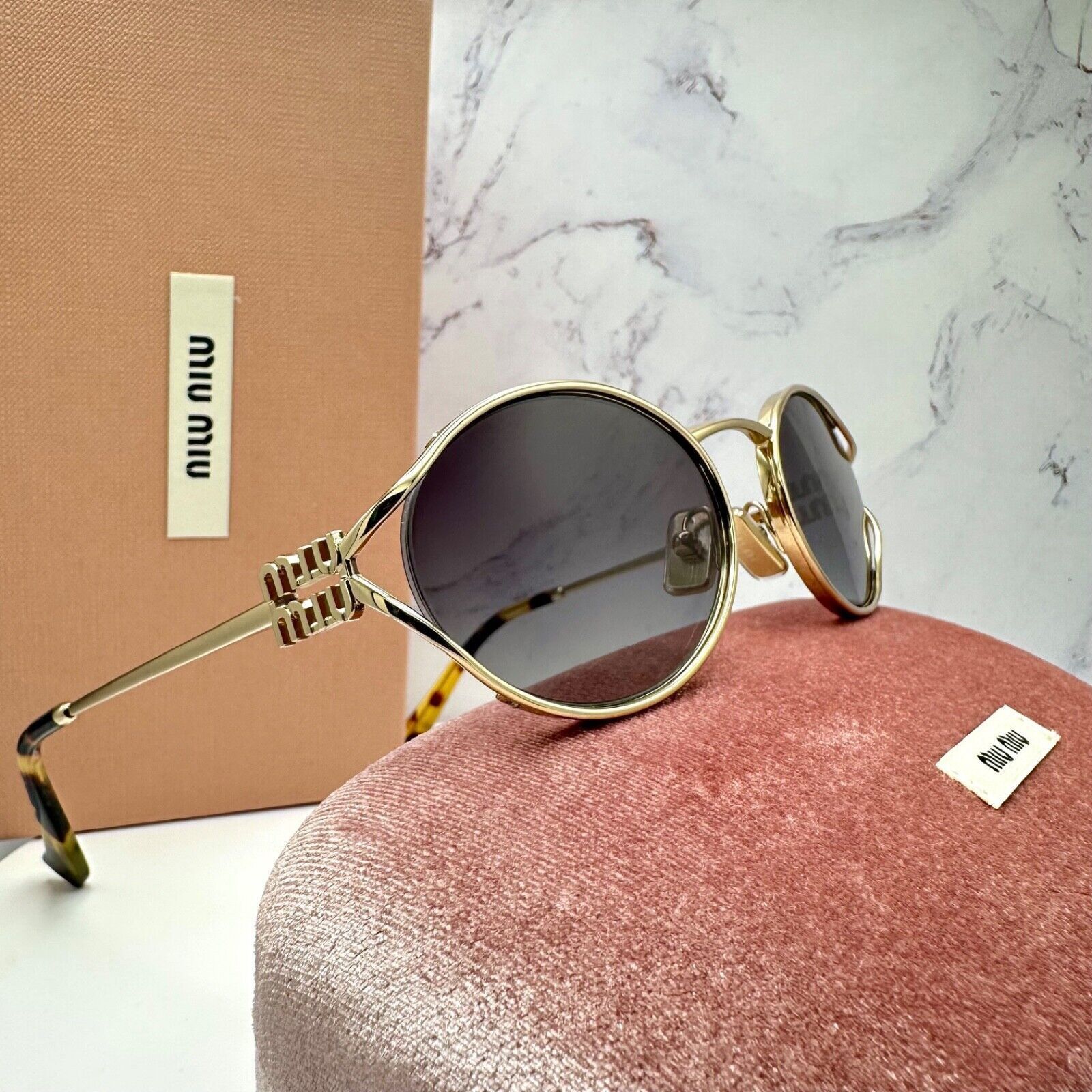New MIU MIU Sunglasses Gold Metal Slim Frame Oval