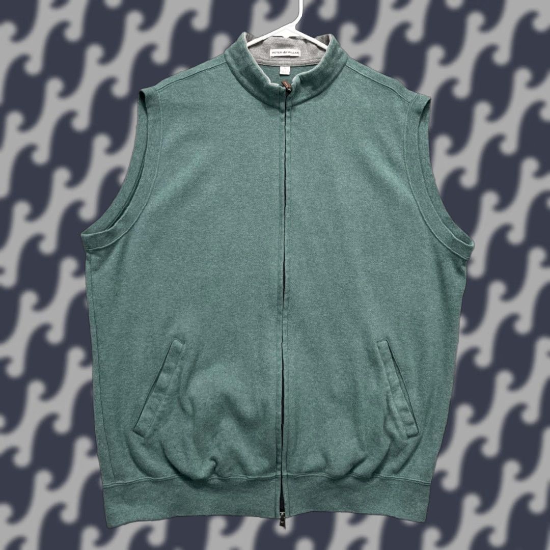 VINTAGE Peter Millar Vest Mens XL Green Full Zip Cotton Mock Neck Pockets Golf MF15K35