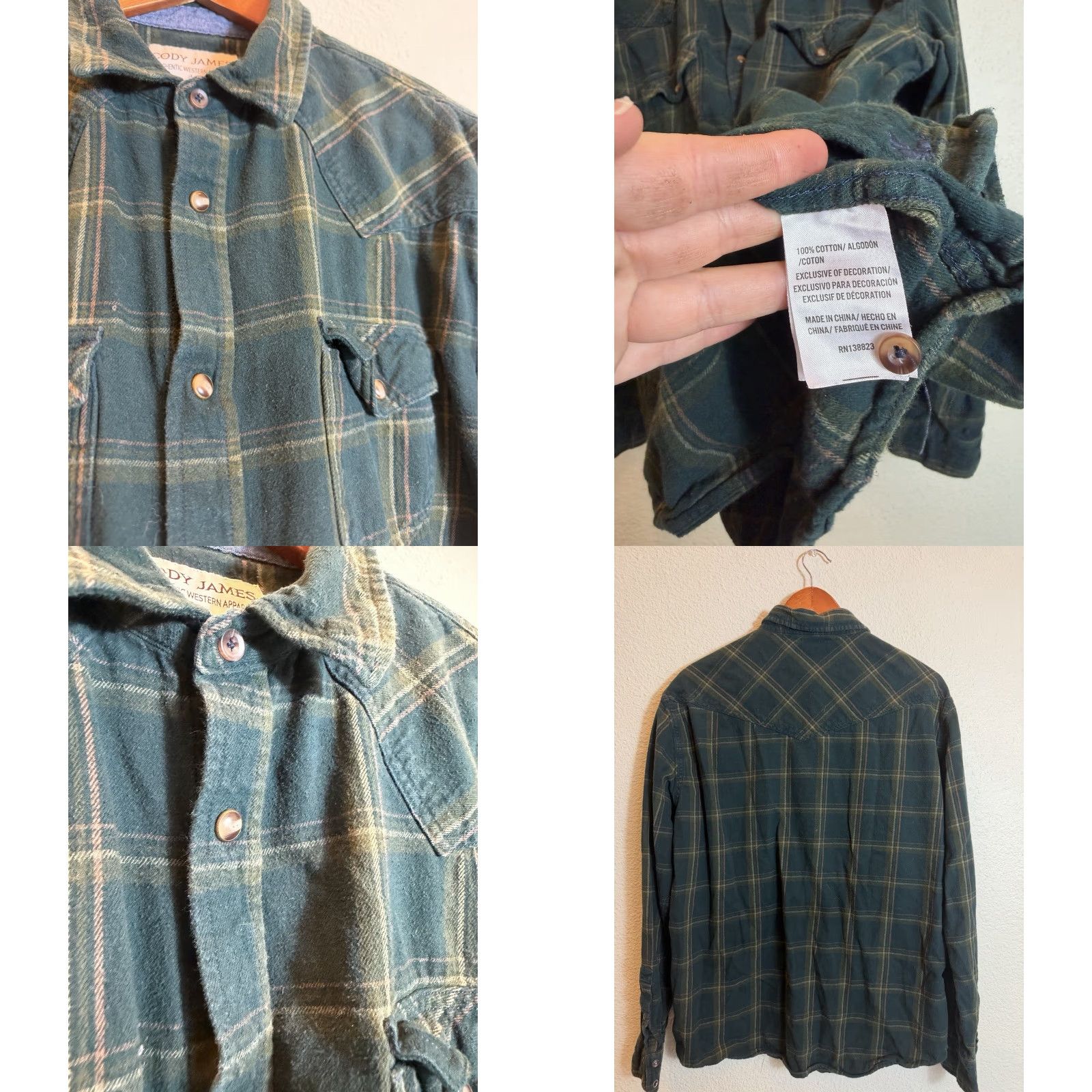 Cody James Cody James Men’s Large Long Sleeve Green Plaid Pearl Snap Flannel Shirt Size US L / EU 52-54 / 3 - 8 Thumbnail
