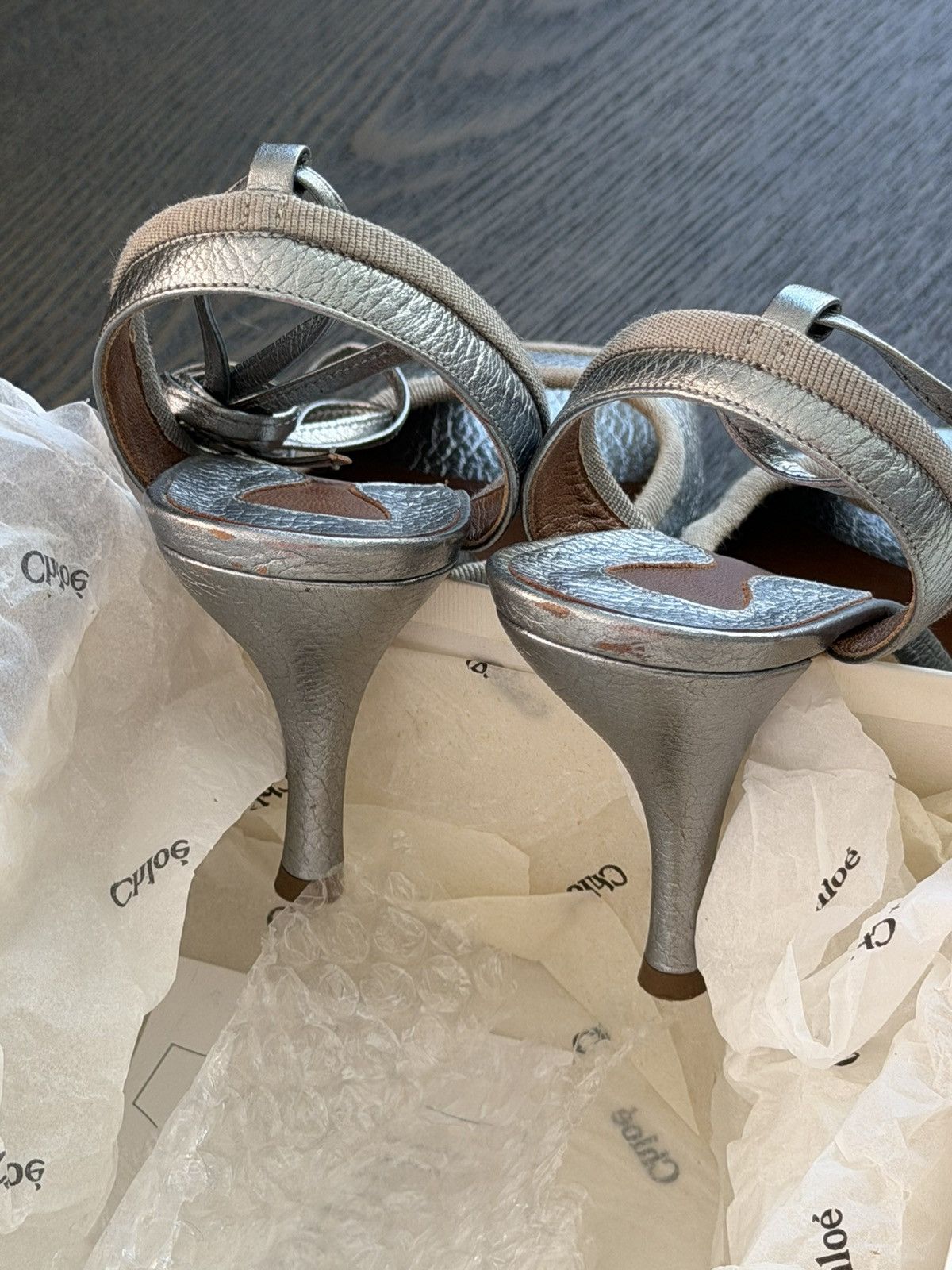 Chloe Chloé Silver Metallic Leather Peep-Toe Heels w/ Ankle Ties Size US 7 / IT 37 - 4 Thumbnail