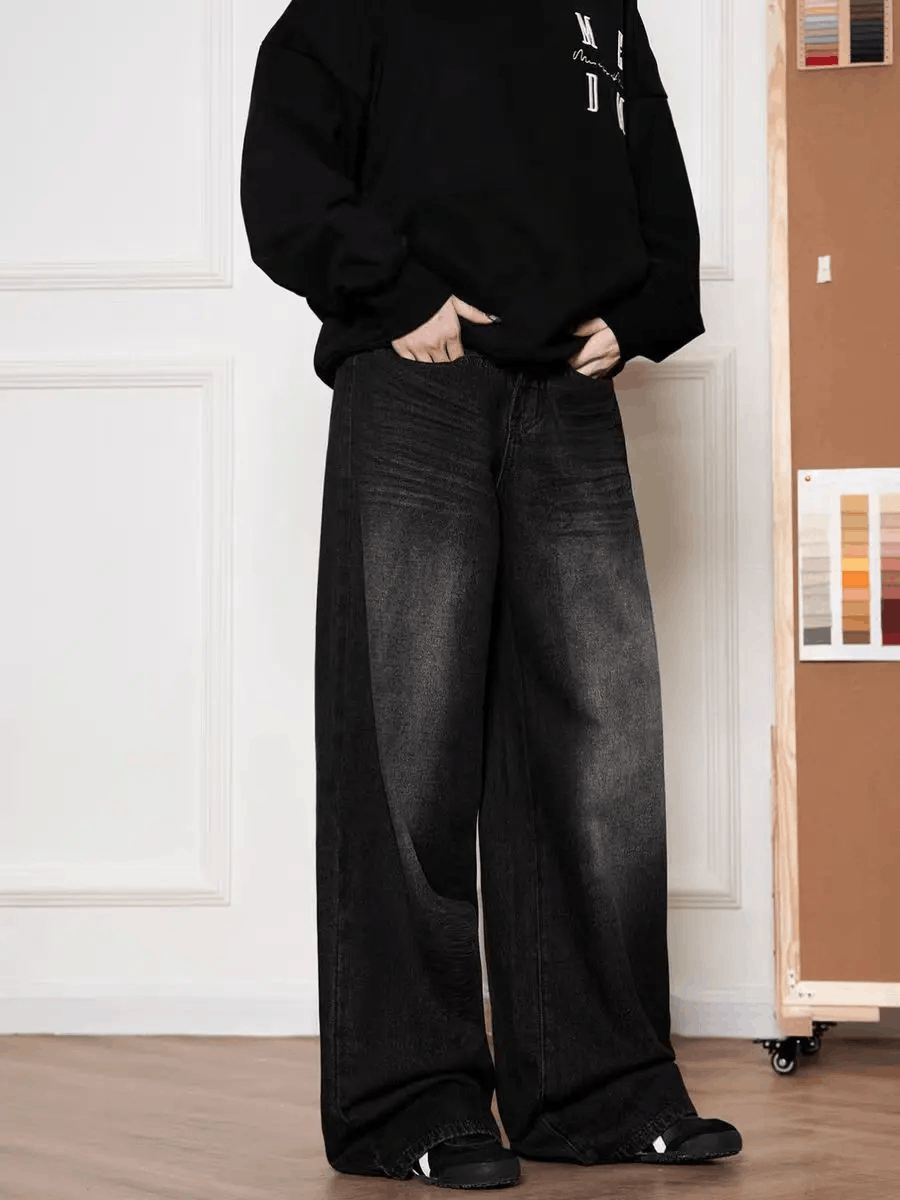 Black Aged Wide Leg Jeans