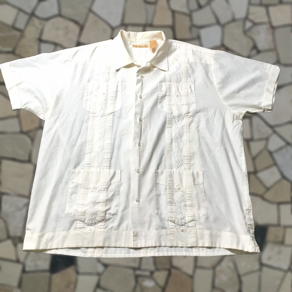 CO VINTAGE THE HAVANERA Co XL Button Down Short Sleeve Shirt CREAM BEIGE POCKETS Mens Size US XL / EU 56 / 4 - 1 Thumbnail