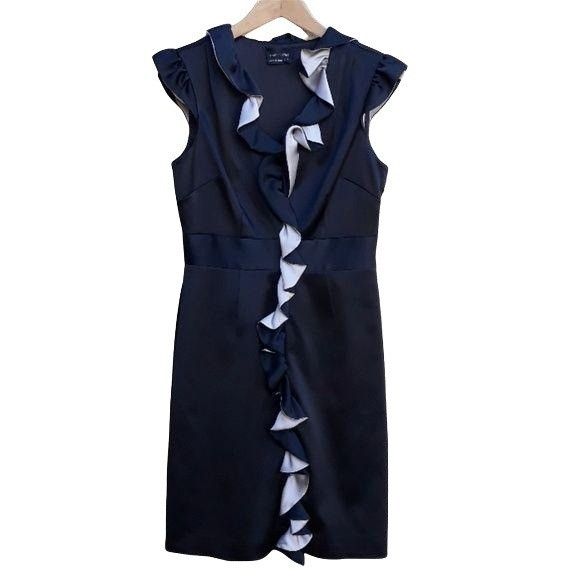 Max And Cleo Black Cocktail Dress Sz 6 Satin V-neck Ruffled