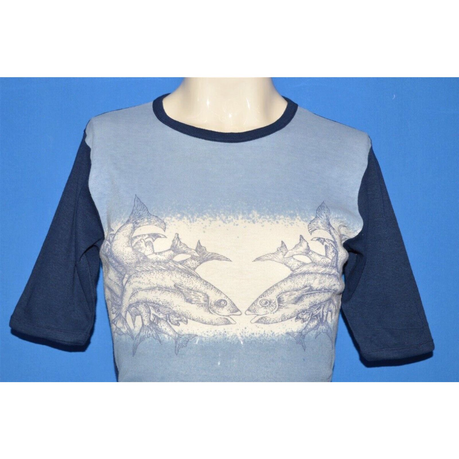 Image of Vintage 70's Campus Blue White Fish Rib Knit Pisces Women's T-Shirt Small S