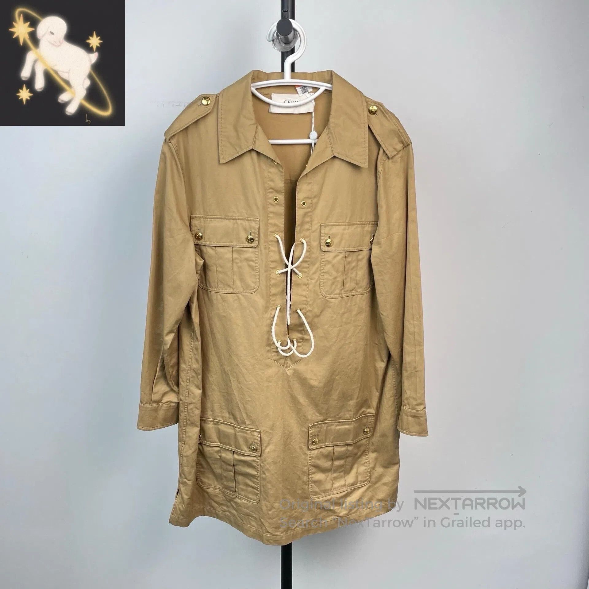 Celine CELINE Khaki Cross Drawstring V-Neck Dress Shirt Skirt| Size S / US 4 / IT 40 - 1 Thumbnail