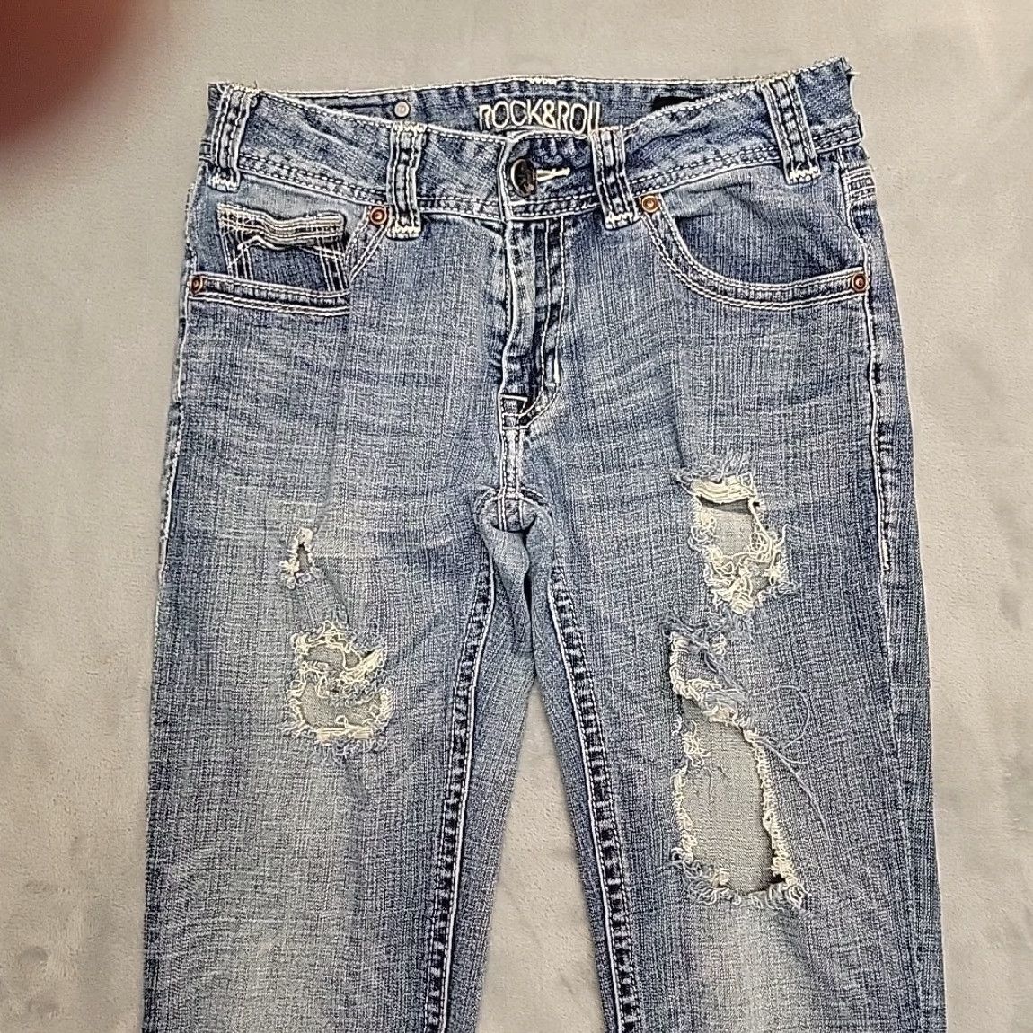 Denime Rock & Roll Cowgirl Jeans Womens 29x32 Faded Distressed Denim Mid Rise Skinny Jeans 90s Western USA Mens Womens Boys Girls Size 29" - 3 Thumbnail