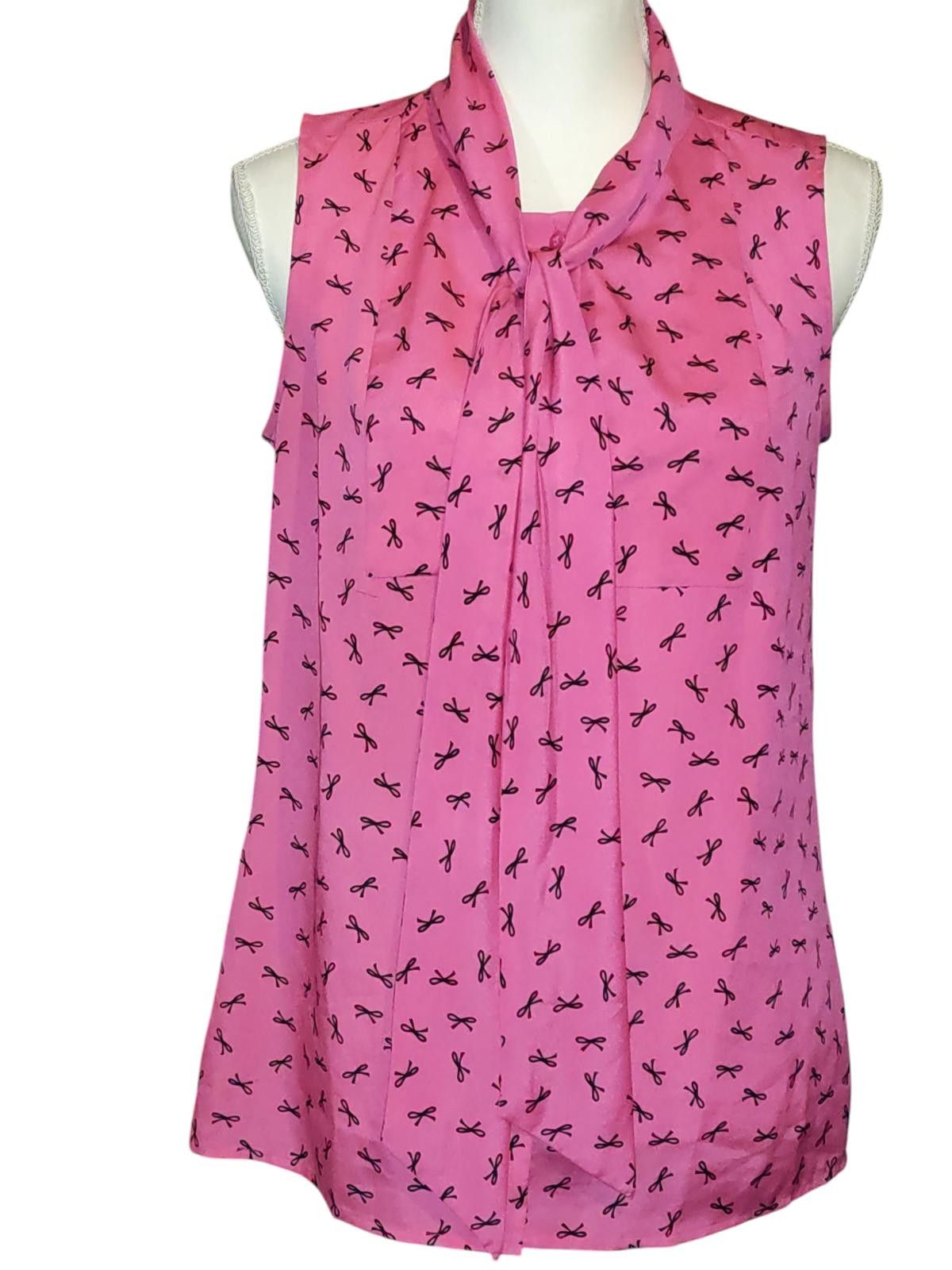 Designer LOFT Pink Sleeveless Bow Tie Neck Blouse w Black Bow Print Size S / US 4 / IT 40 - 3 Thumbnail