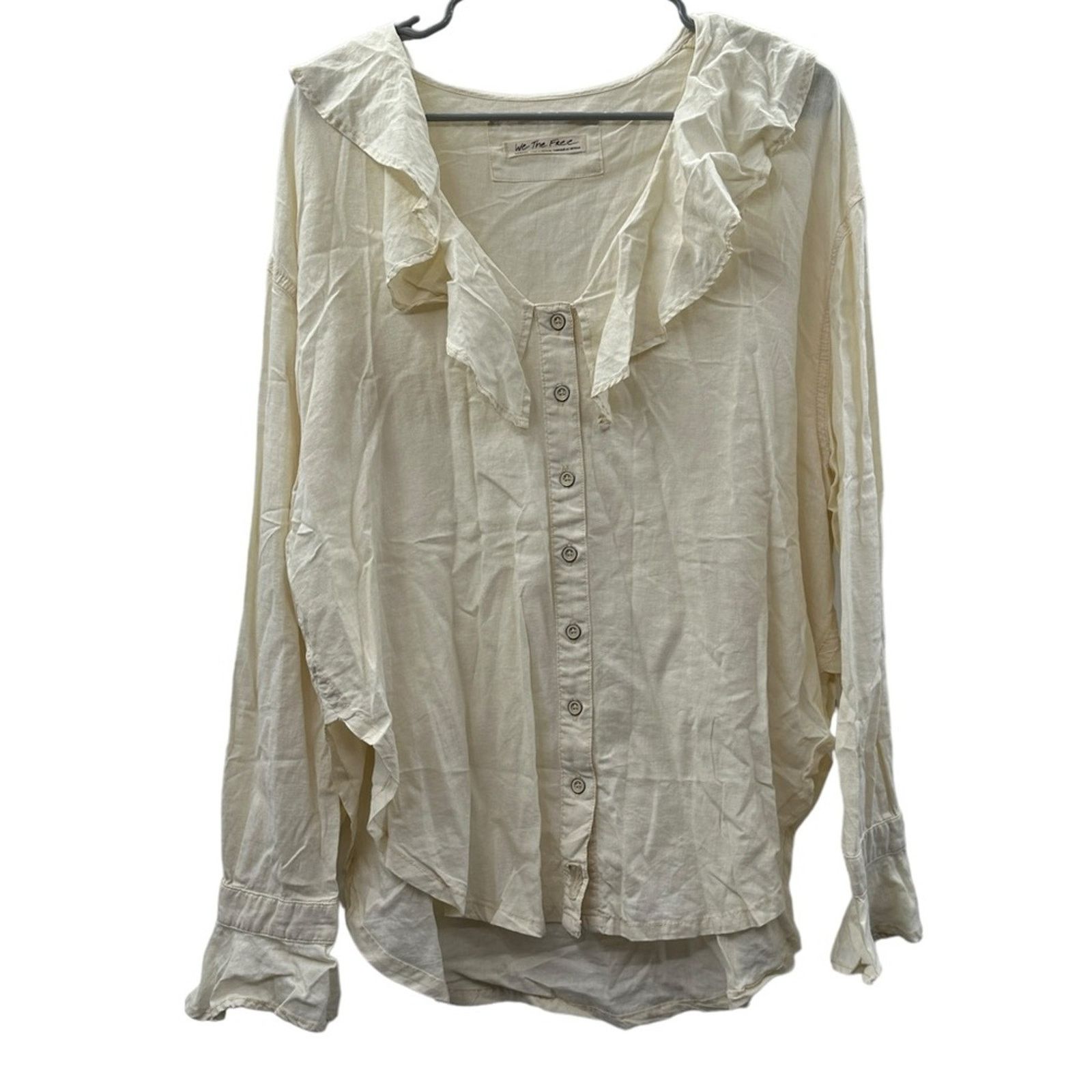 Free People We The Free People Ivory Ruffle Neck Button Down Top Sz M Size M / US 6-8 / IT 42-44 - 1 Thumbnail