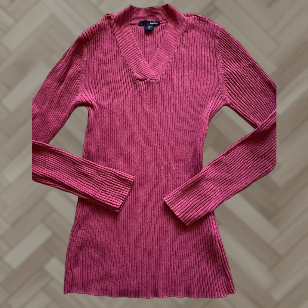 Basic Editions Basic Editions Sweater Women's Medium Magenta V-Neck Ribbed Knit Slim Pullover Long Sleeve Holiday Autumn/Winter Party/Cocktail Shirt? Size M / US 6-8 / IT 42-44 - 1 Thumbnail