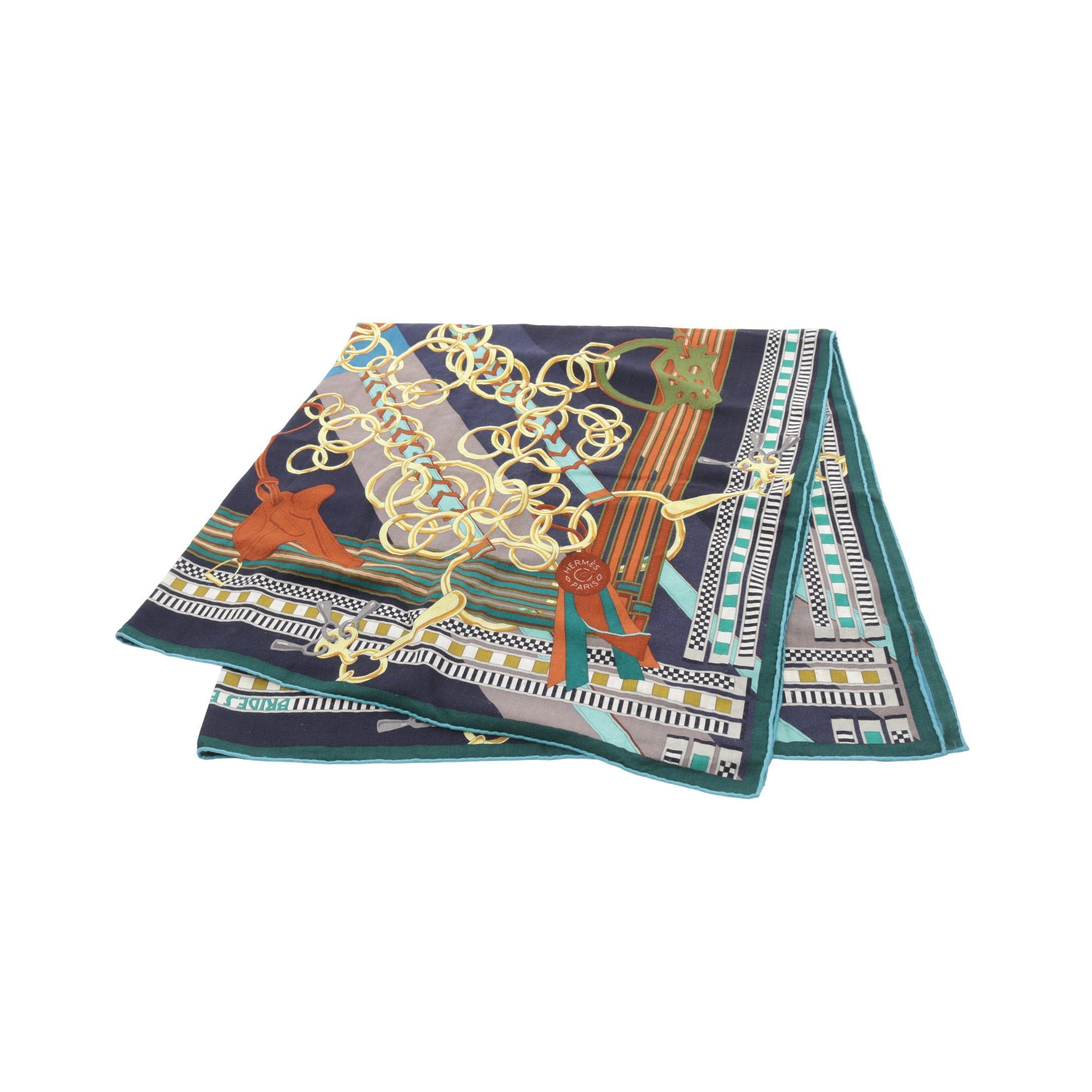 Hermes Hermes Carréjean Carres 140 Brides Et Gris Scarf Shawl Cashmere Silk Navy Multicolor Size ONE SIZE - 1 Thumbnail