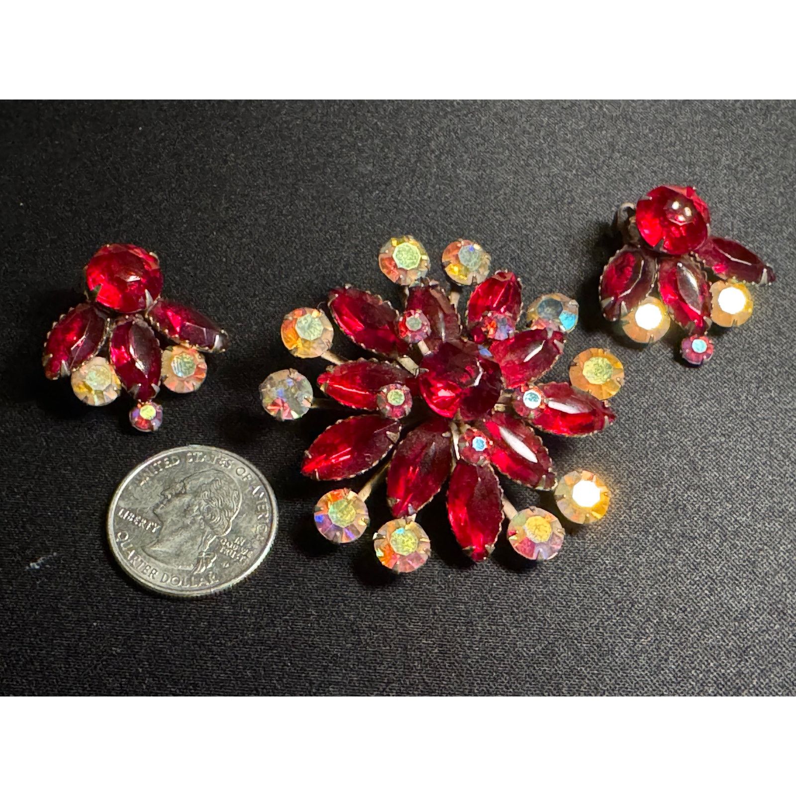 Other Vintage Red & AB Rhinestone Brooch Matching Clip On Earrings Size ONE SIZE - 3 Thumbnail