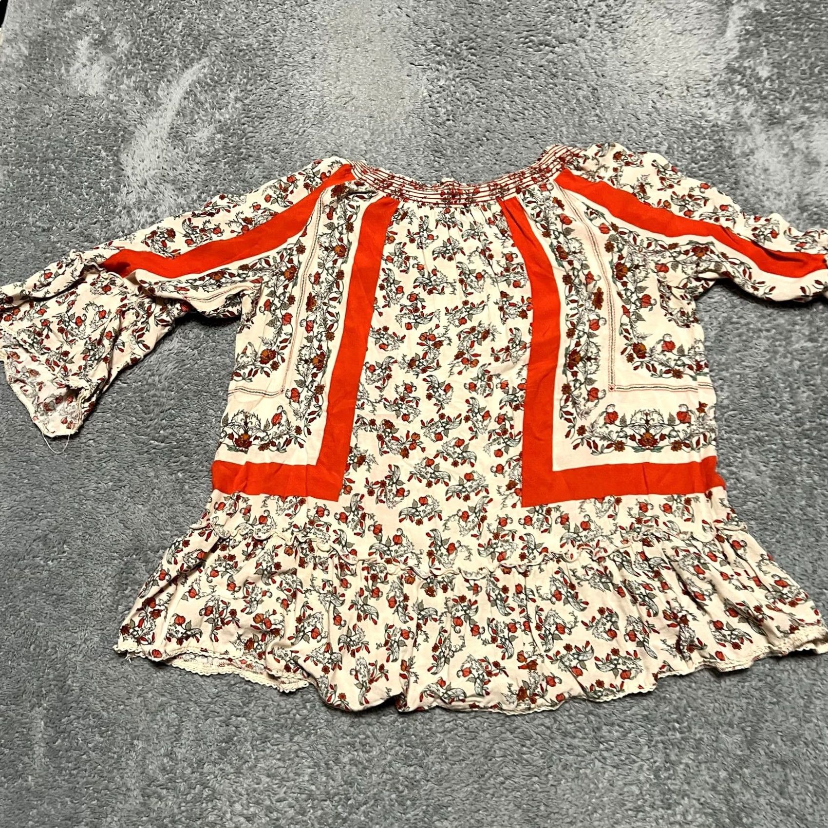 Vintage Democracy Shirt Blouse Womens Large Beige Red Floral 3/4 Bell Sleeve Ruffle L Women Size L / US 10 / IT 46 - 3 Thumbnail