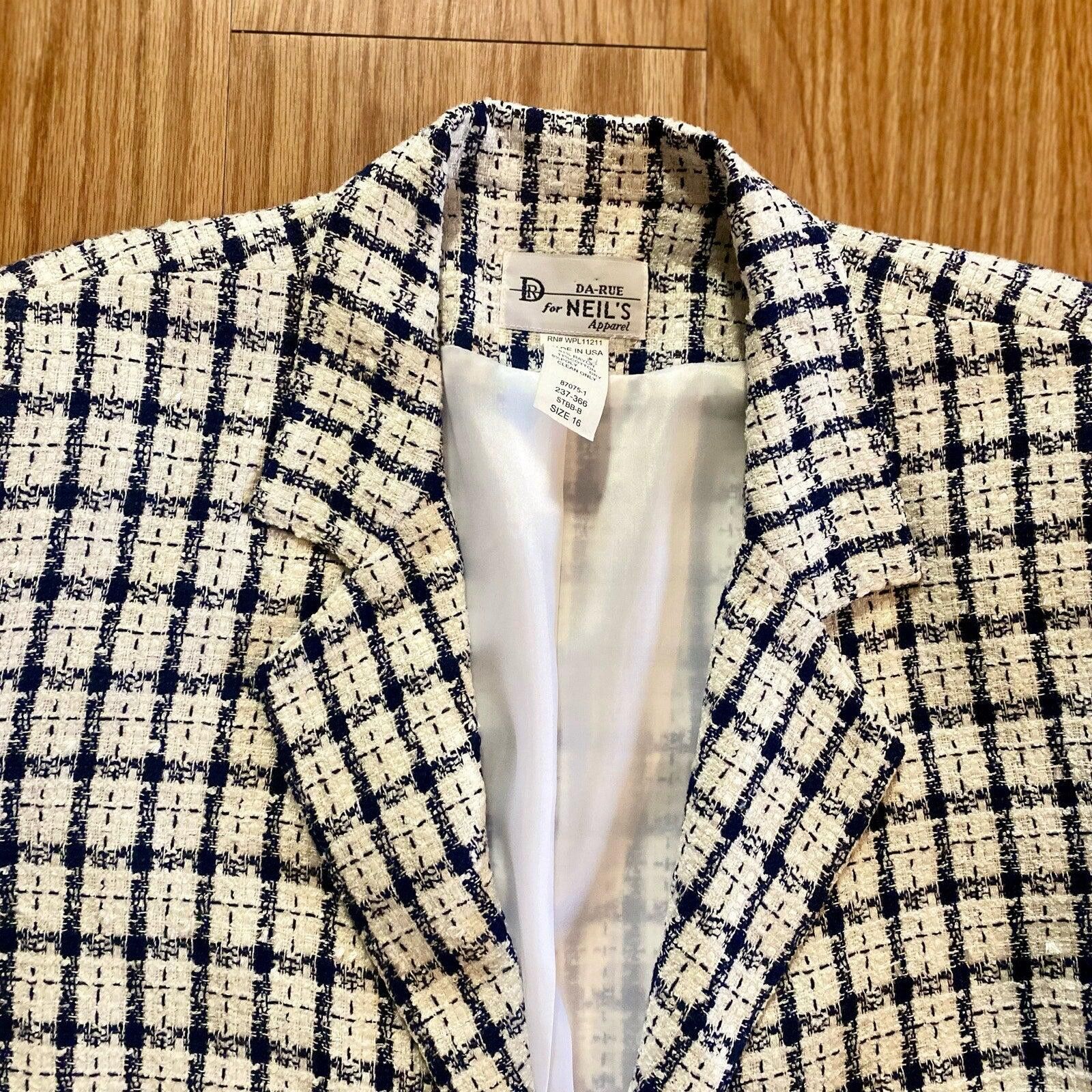 Other Da-Rue Vintage White Metallic Navy Plaid Blazer Womens Large Size L / US 10 / IT 46 - 4 Thumbnail