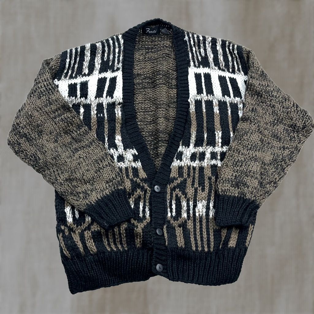 Fortela Vintage Forte Geometric Cardigan Sweater Men M Brown Knit 90s Chunky V-Neck, Regular Fit, All Seasons, Long Sleeve, Button, Logo, Vintage Men Size US M / EU 48-50 / 2 - 1 Thumbnail
