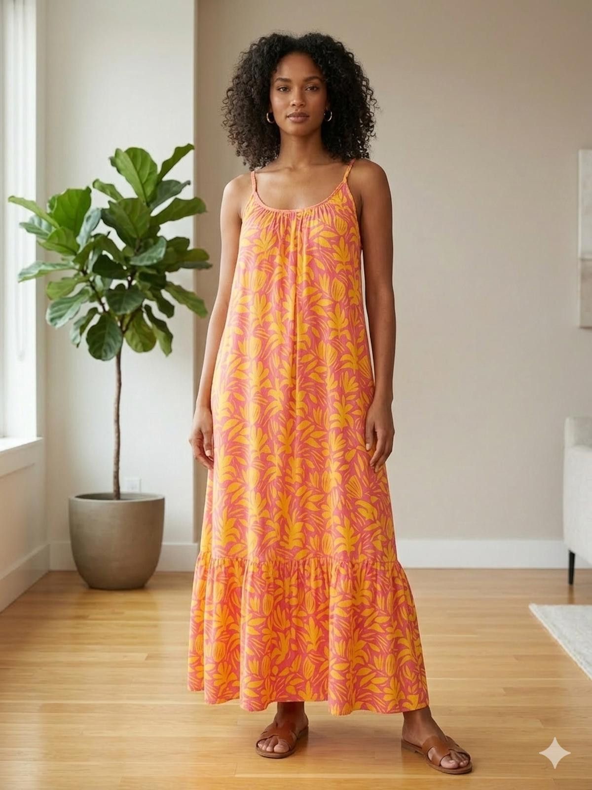 Other Palms away Sleeveless Maxi Dress Yellow and Pink Leafprint L Size L / US 10 / IT 46 - 1 Thumbnail