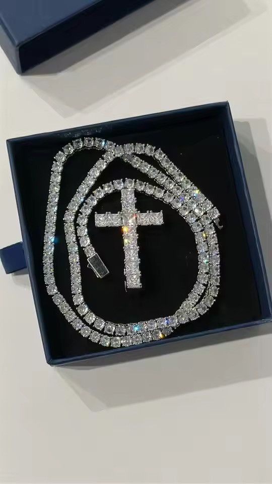 Japanese Brand 60 cm Iced Out Gold Tennis Chain Necklace Inverted Cross CZ Size ONE SIZE - 2 Thumbnail