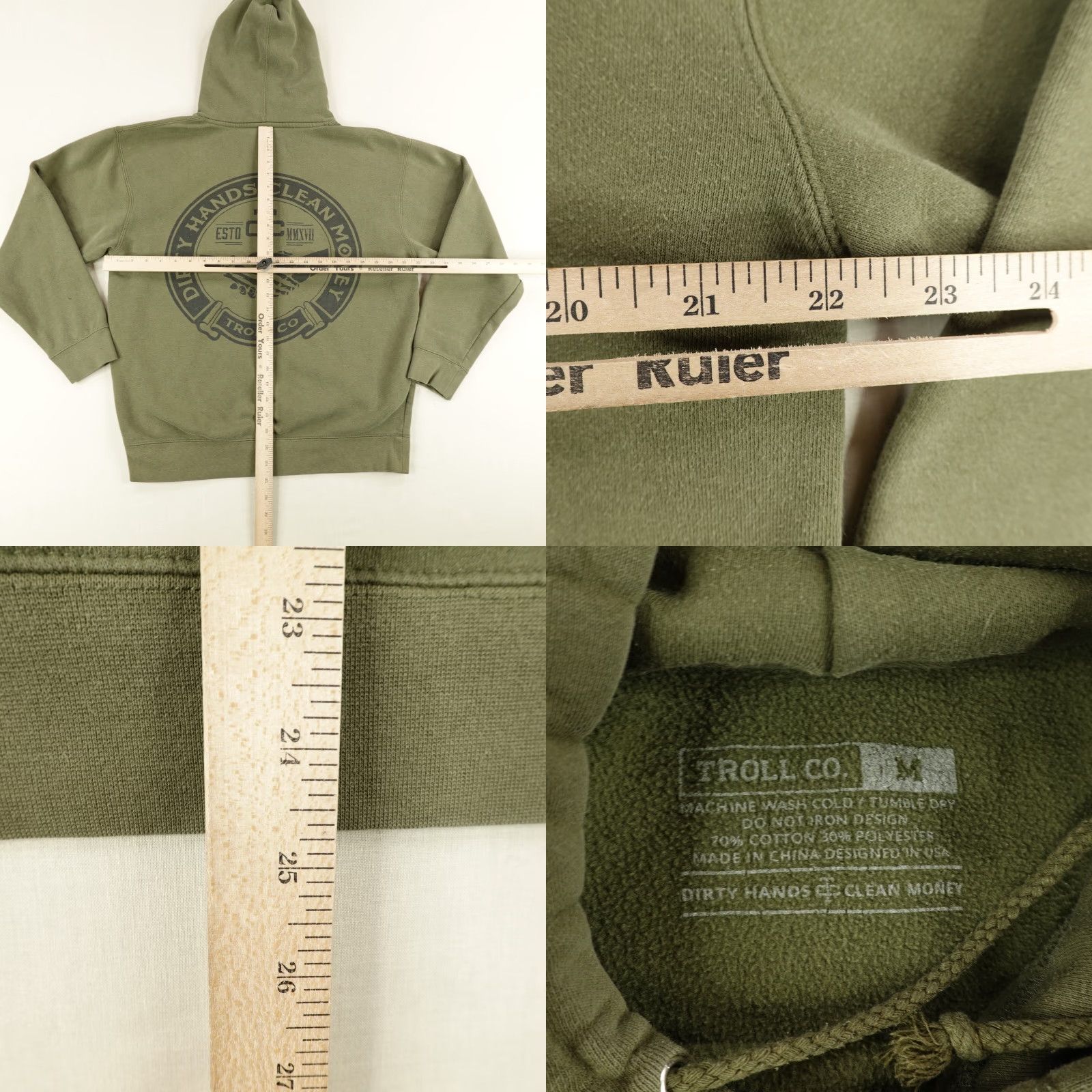 VINTAGE Troll Co Hoodie Mens Medium Green Dirty Hands Clean Money Pullover Sweatshirt