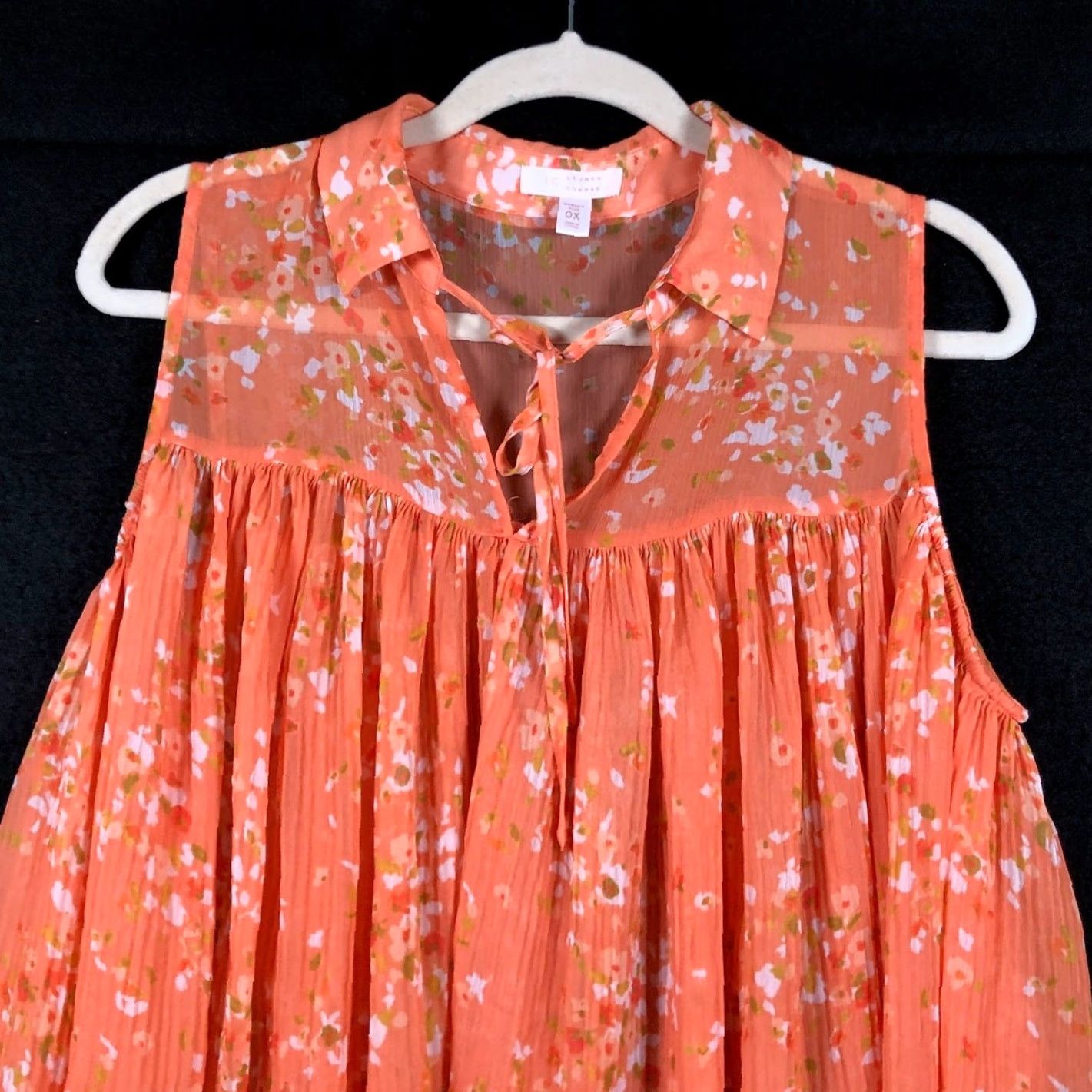 Lauren Conrad VINTAGE LC Lauren Conrad Blouse Womens Sleeveless Floral V-Neck 0X Orange White Pleated Popover Pullover Size XL / US 12-14 / IT 48-50 - 2 Thumbnail