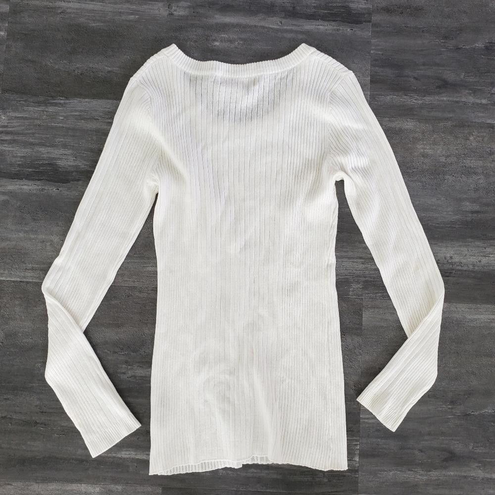 Designer White Lined PR Sweater Long Sleeve Size L / US 10 / IT 46 - 2 Thumbnail