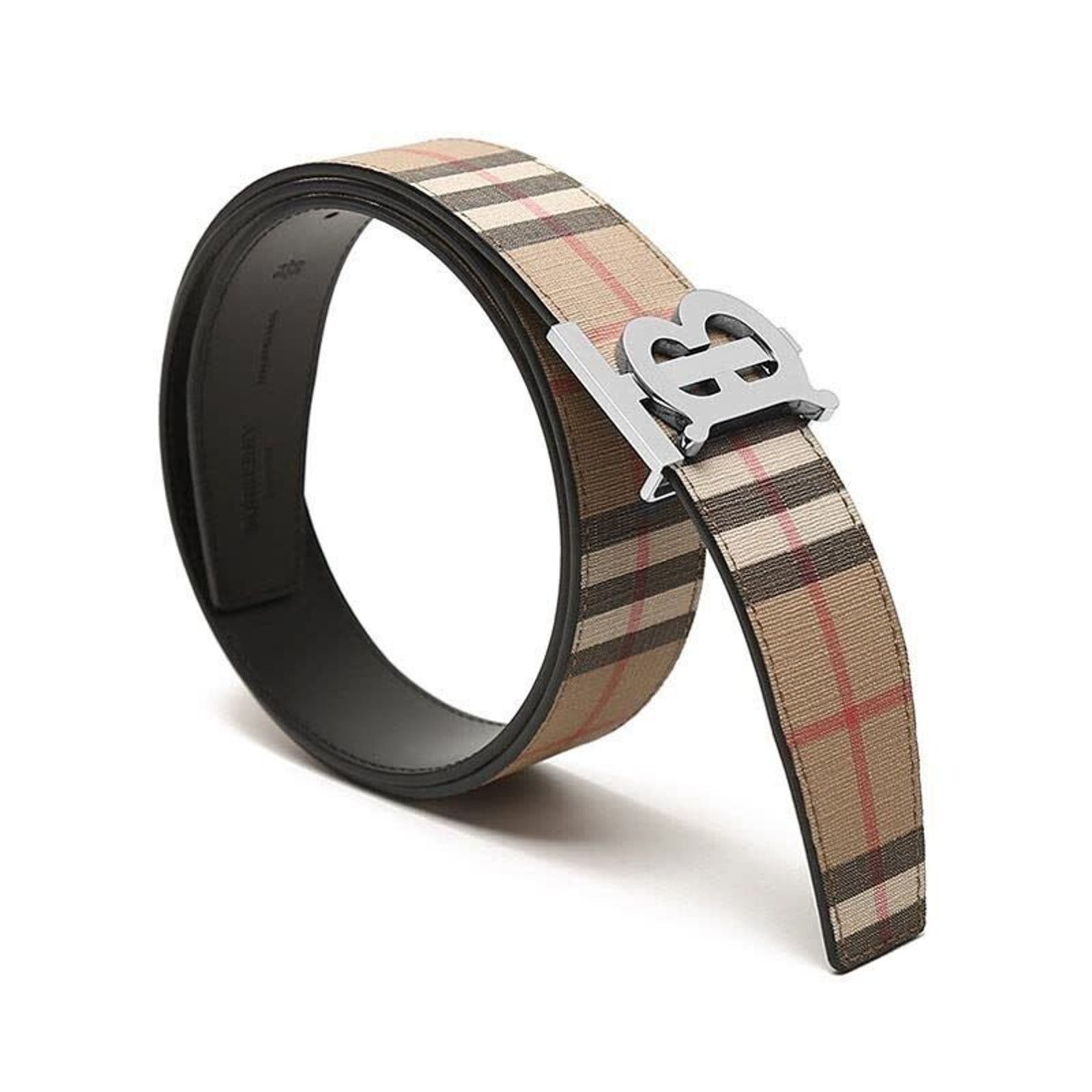 Burberry TB 35 BEIGE CHECK BLACK LEATHER REVERSIBLE LOGO BELT 90/36 Size 36 - 2 Thumbnail