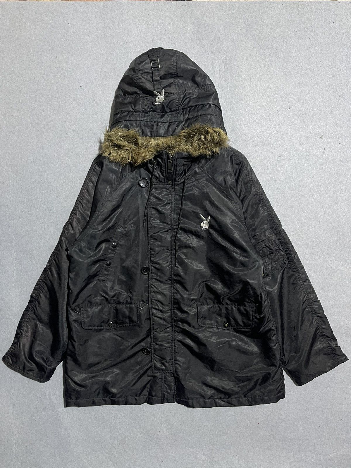 Playboy Vintage 90s Playboy Black Parka Jacket with Faux Fur Hood Size US L / EU 52-54 / 3 - 1 Thumbnail