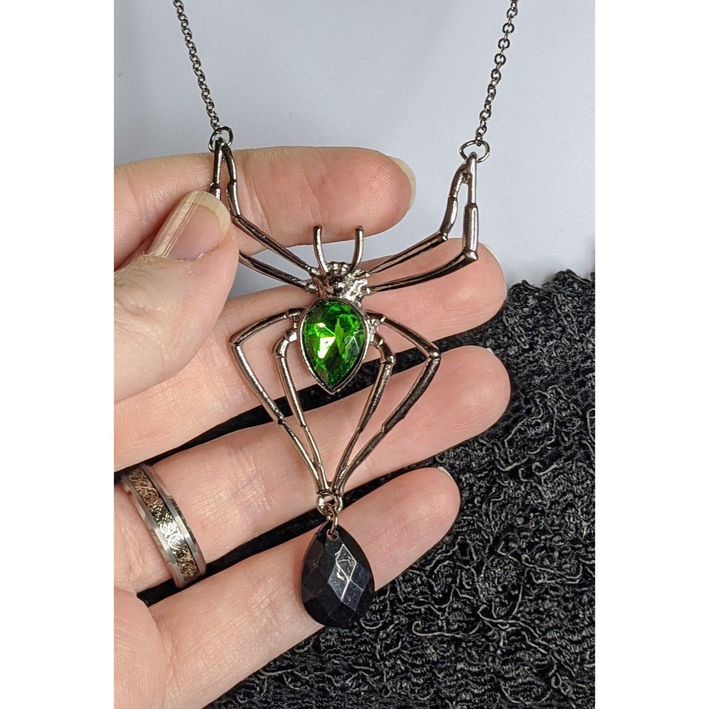 Other Gothic Spider Pendant Necklace With Green Gemstone & Black T Size ONE SIZE - 5 Thumbnail